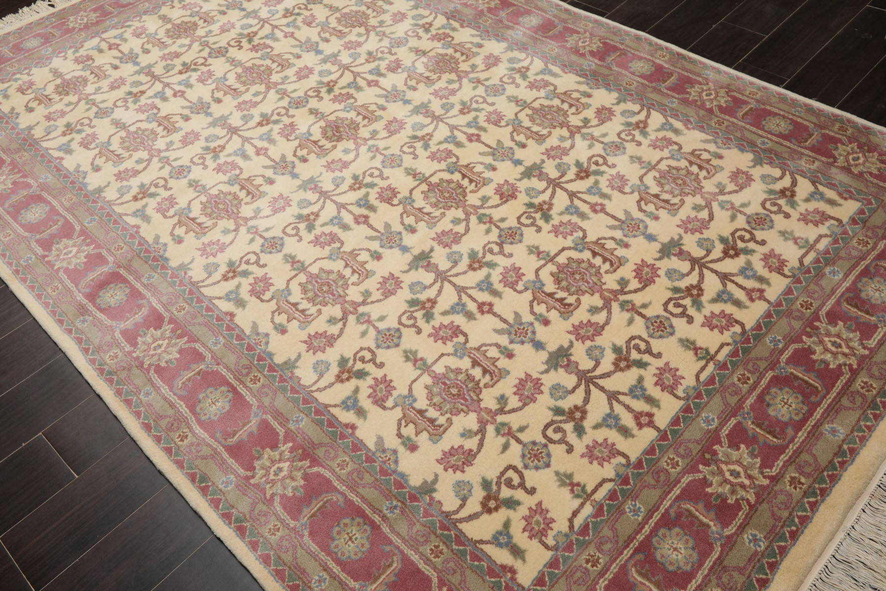 6x9 Ivory, Plum, Aqua Color Hand Knotted Herati New Zealand Wool Traditional Oriental Rug