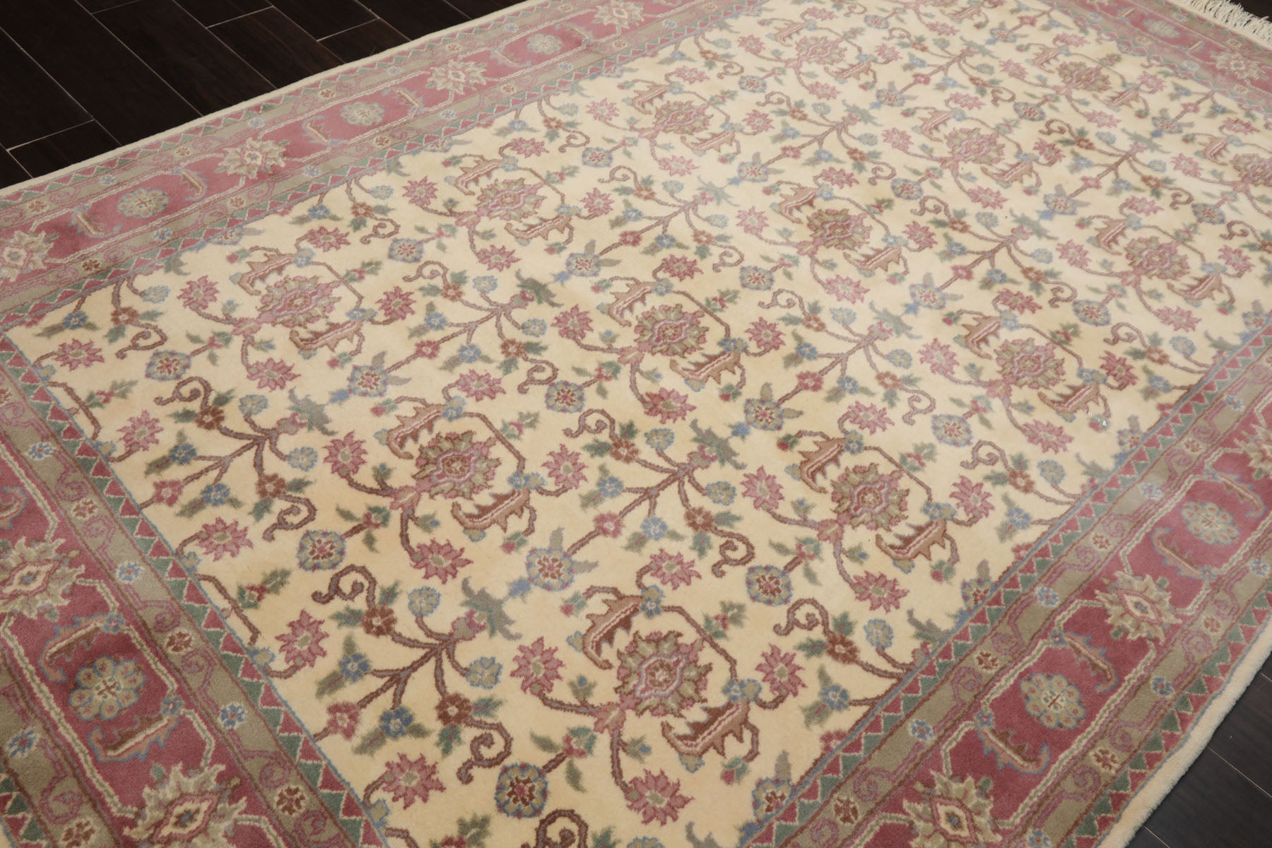 6x9 Ivory, Plum, Aqua Color Hand Knotted Herati New Zealand Wool Traditional Oriental Rug
