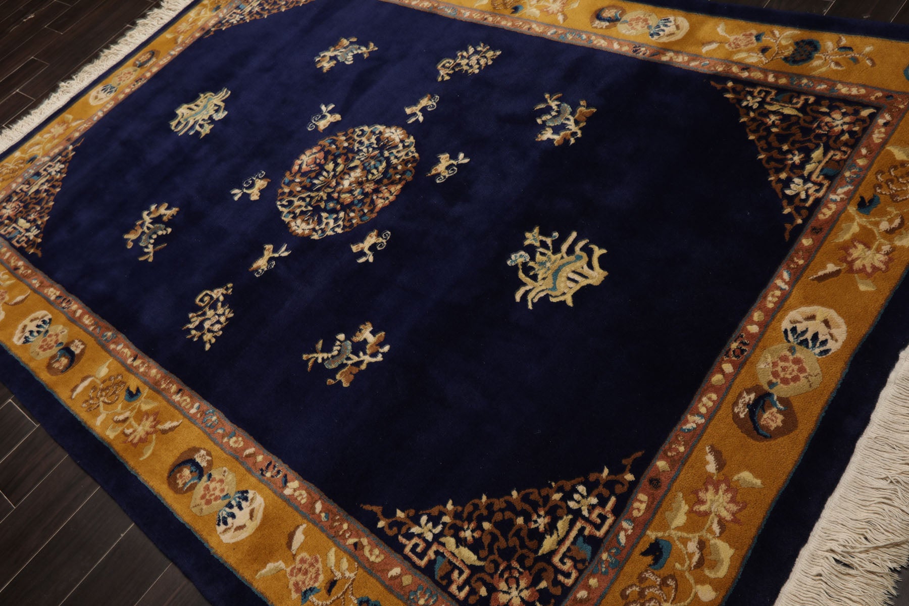 6x9 Navy, Gold, Ivory Color Hand Knotted Chinese Art Deco Wool Traditional Oriental Rug