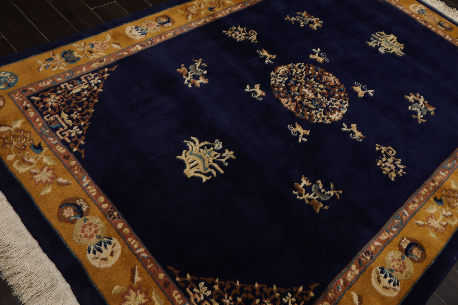 6x9 Navy, Gold, Ivory Color Hand Knotted Chinese Art Deco Wool Traditional Oriental Rug