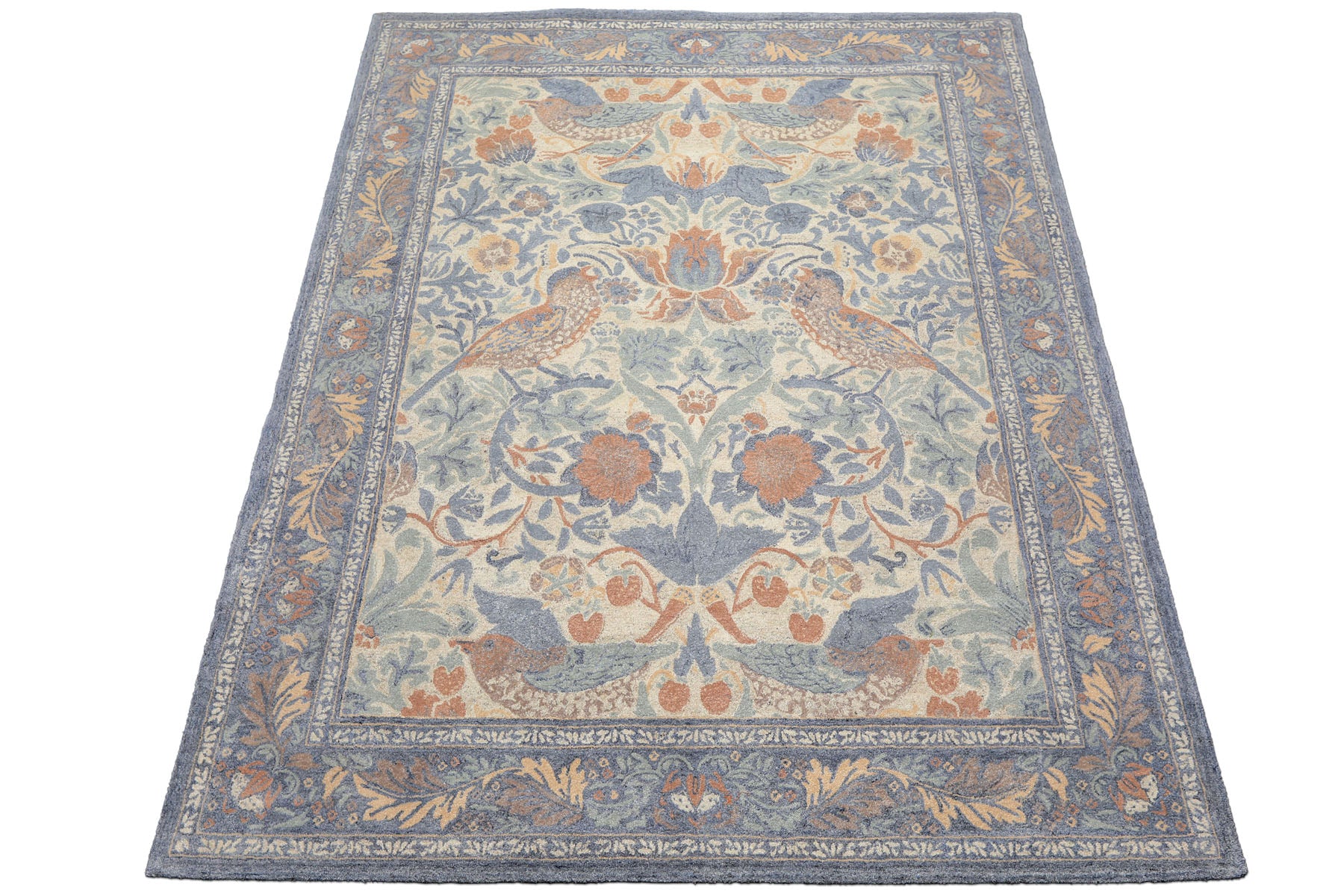 Multi Size Ivory Blue Aqua Color Hand Hooked William Morris Wool Traditional Oriental Rug