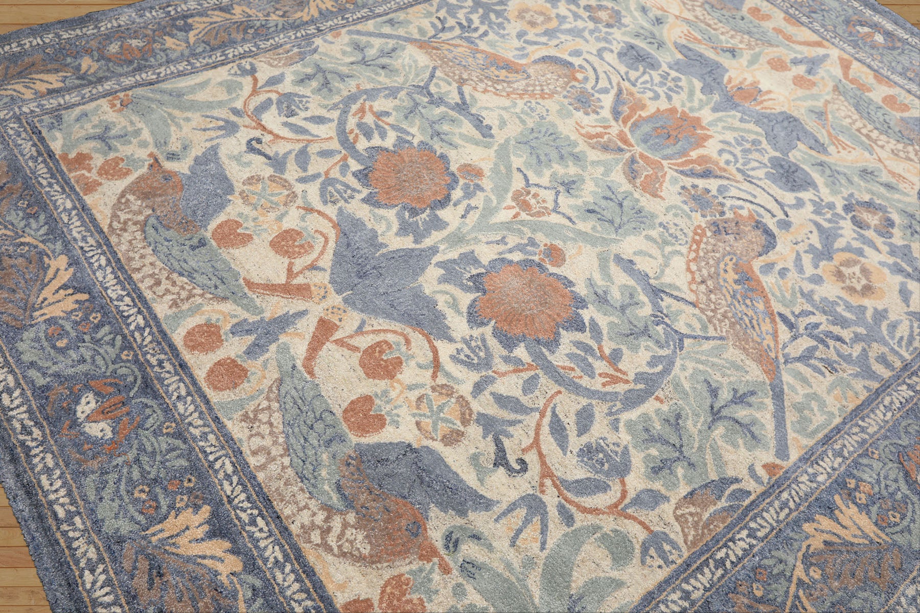 Multi Size Ivory Blue Aqua Color Hand Hooked William Morris Wool Traditional Oriental Rug