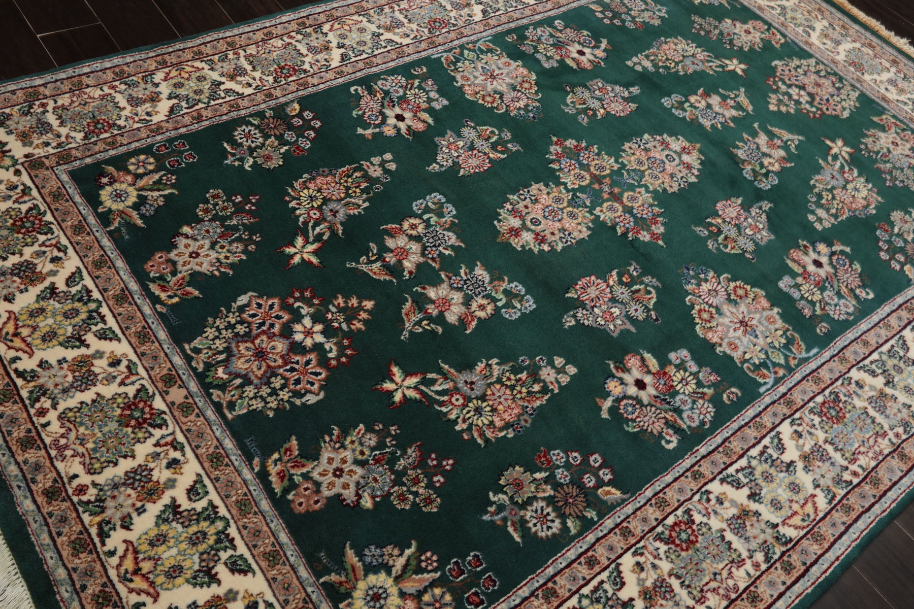 6x9 Emerald, Ivory, Rose Color Hand Knotted Kerman New Zealand Wool Traditional Oriental Rug