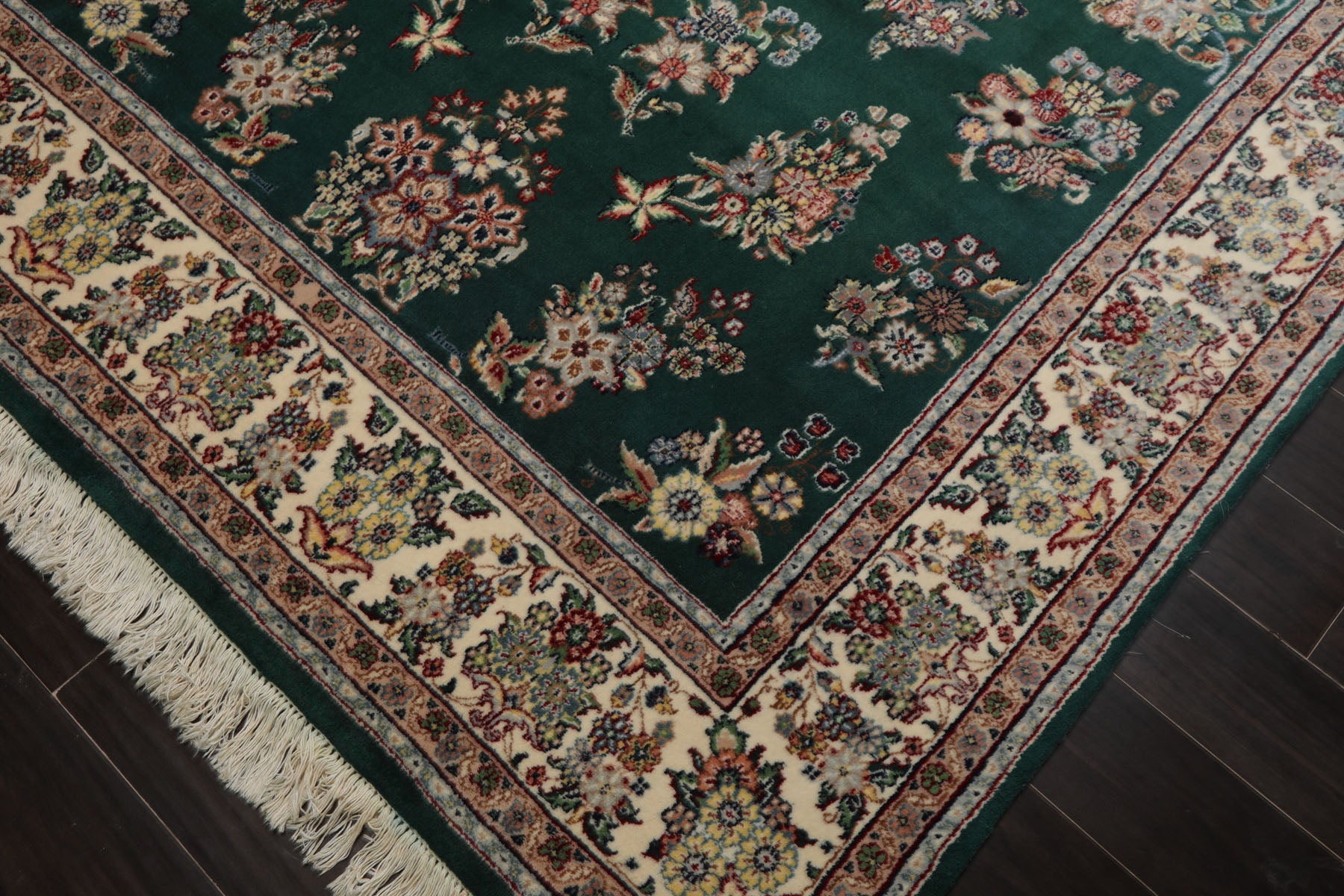 6x9 Emerald, Ivory, Rose Color Hand Knotted Kerman New Zealand Wool Traditional Oriental Rug