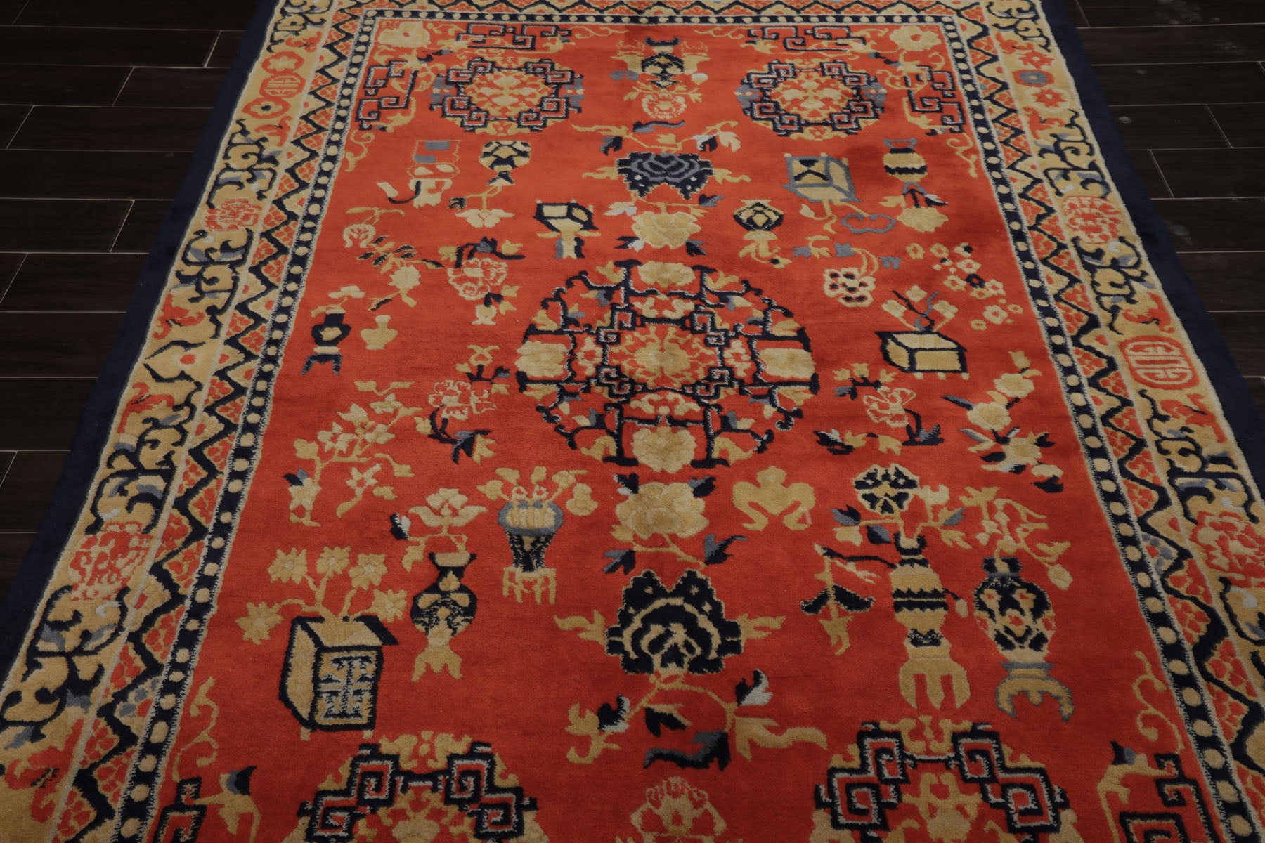 6x9 Orange, Navy, Gold Color Hand Knotted Chinese Art Deco New Zealand Wool Traditional Oriental Rug