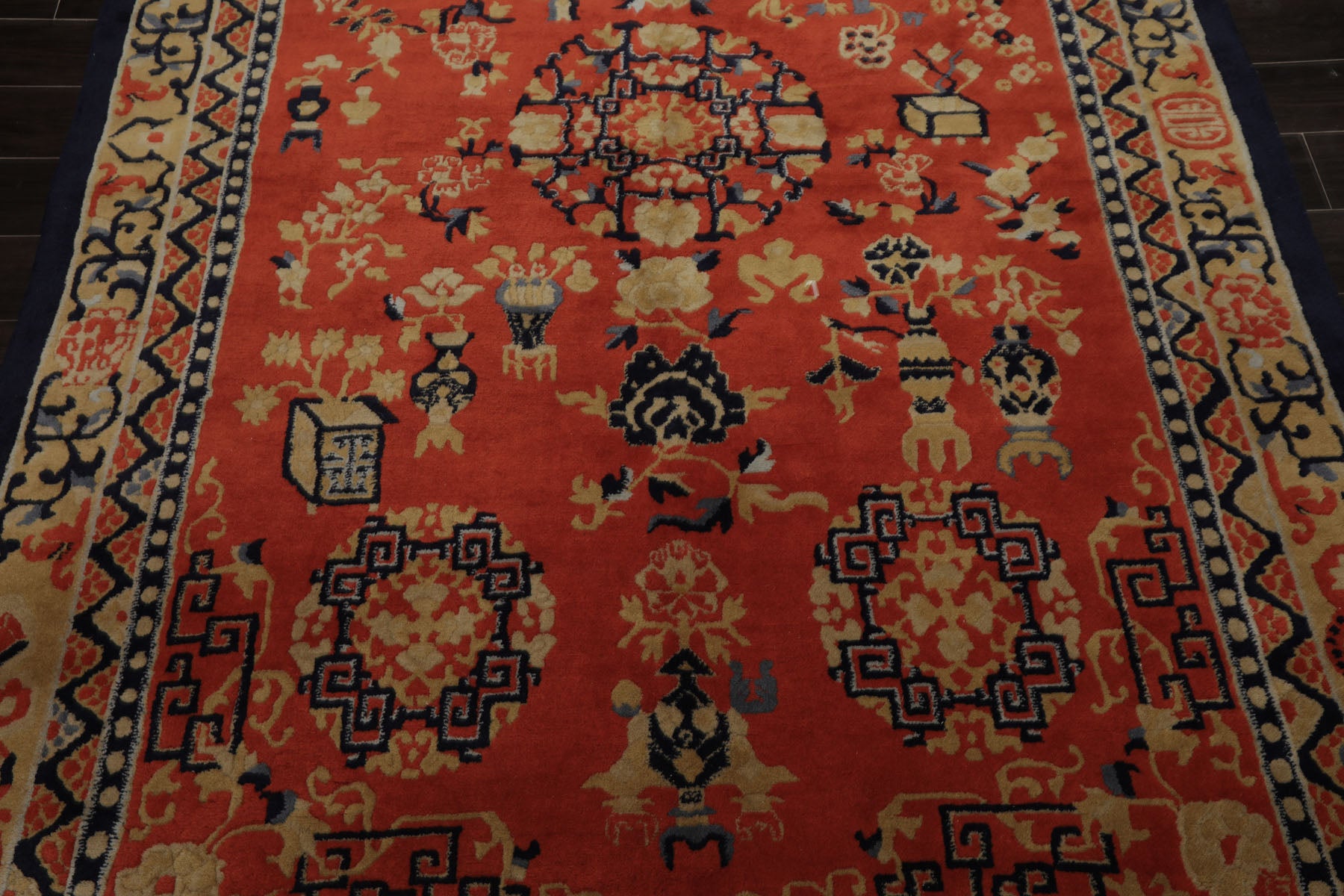 6x9 Orange, Navy, Gold Color Hand Knotted Chinese Art Deco New Zealand Wool Traditional Oriental Rug
