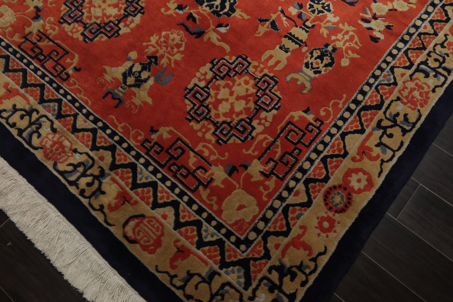 6x9 Orange, Navy, Gold Color Hand Knotted Chinese Art Deco New Zealand Wool Traditional Oriental Rug