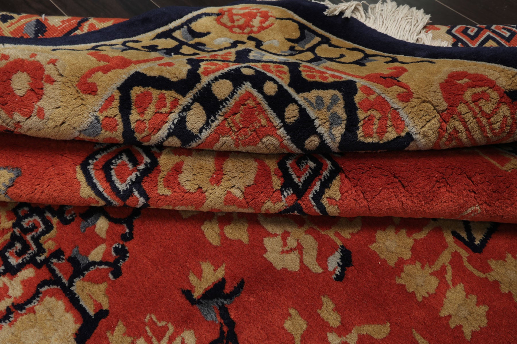 6x9 Orange, Navy, Gold Color Hand Knotted Chinese Art Deco New Zealand Wool Traditional Oriental Rug