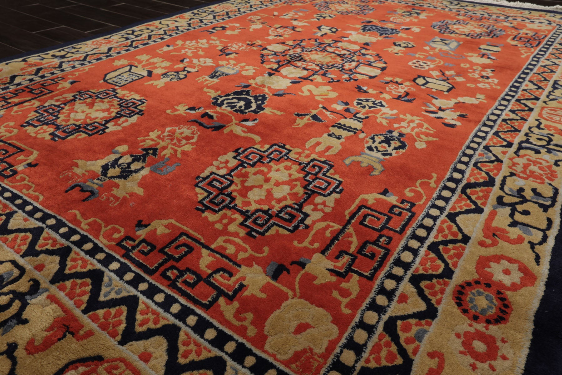 6x9 Orange, Navy, Gold Color Hand Knotted Chinese Art Deco New Zealand Wool Traditional Oriental Rug