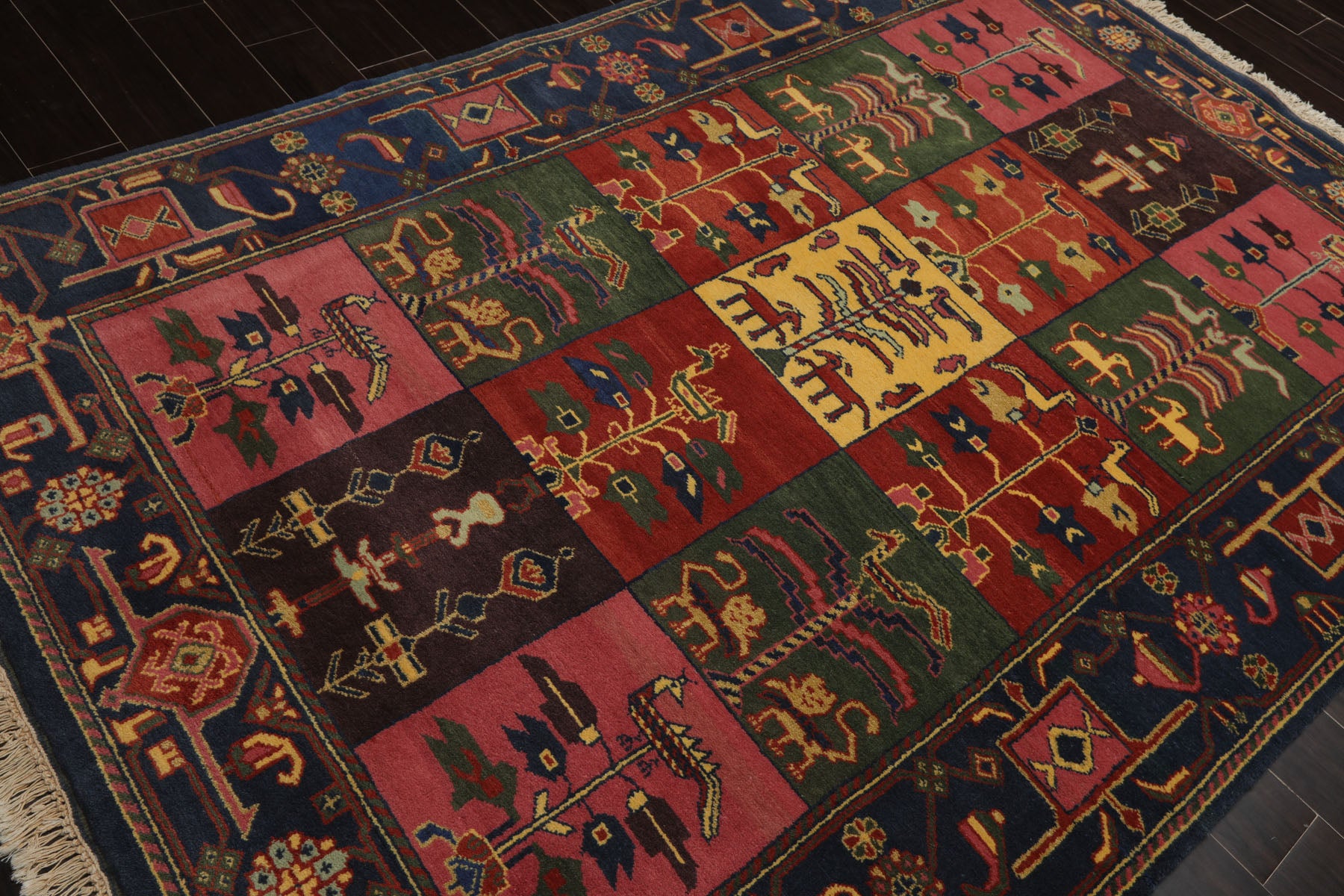 6x8 Green, Pink, Gold Color Hand Knotted Gabbeh Wool Pictorial Oriental Rug