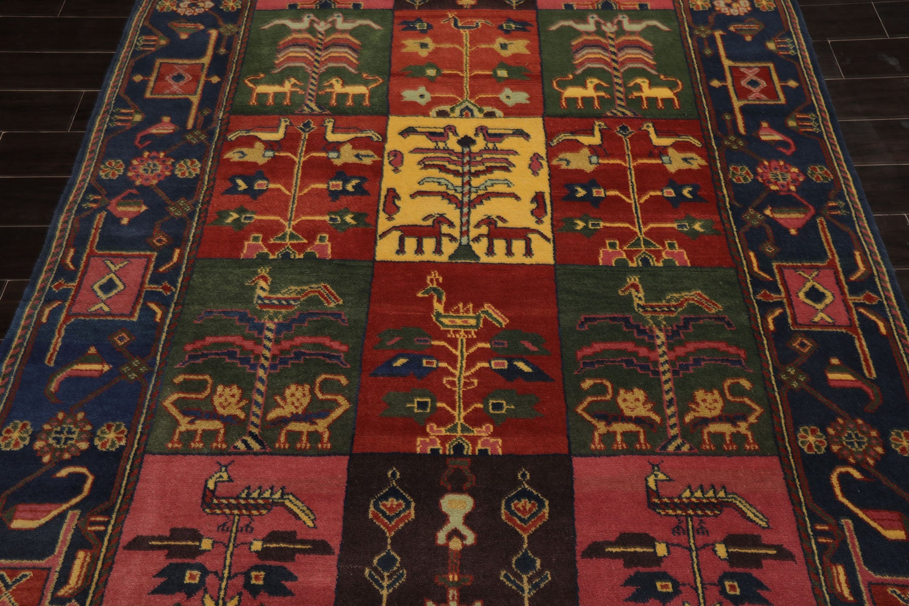 6x8 Green, Pink, Gold Color Hand Knotted Gabbeh Wool Pictorial Oriental Rug