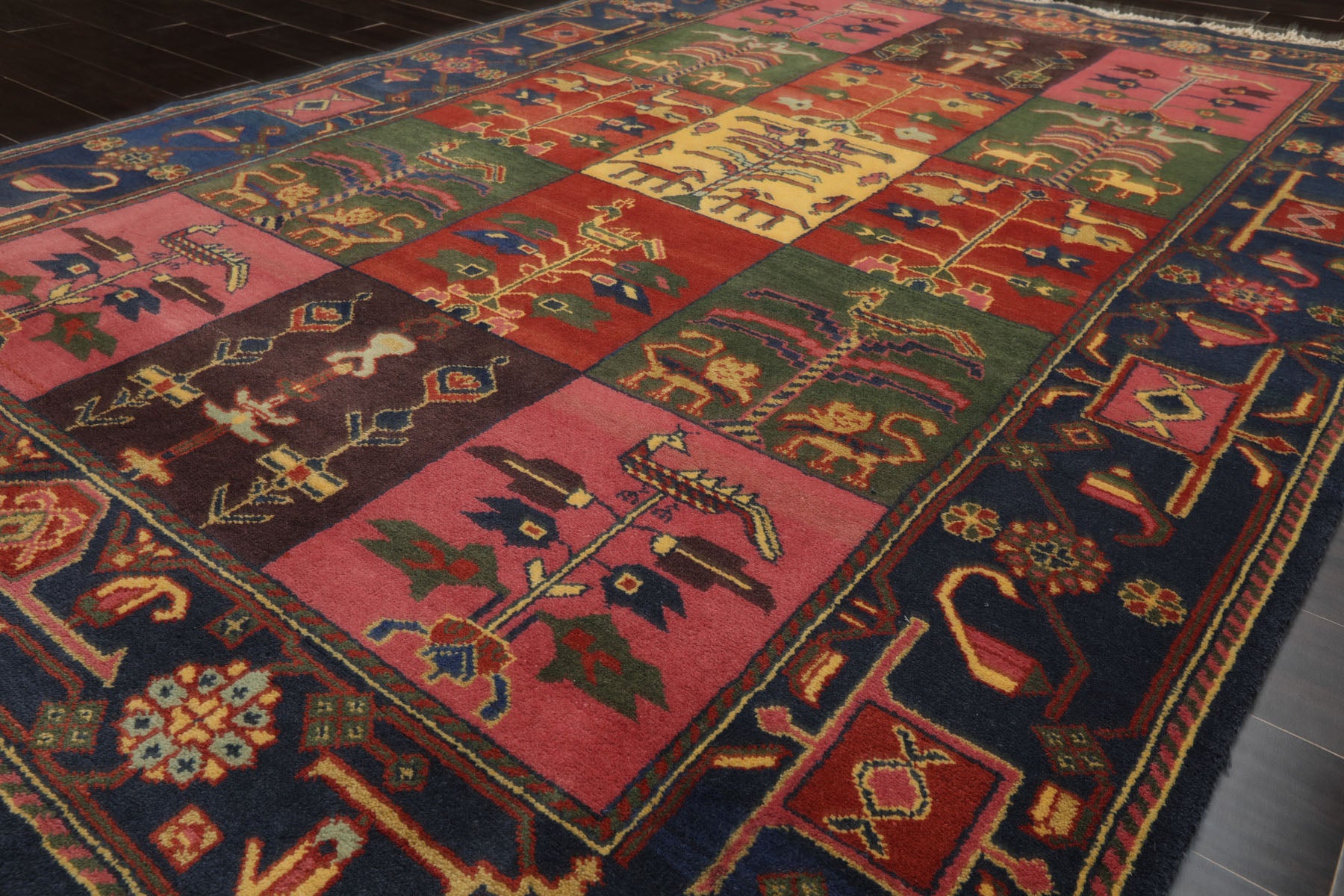 6x8 Green, Pink, Gold Color Hand Knotted Gabbeh Wool Pictorial Oriental Rug