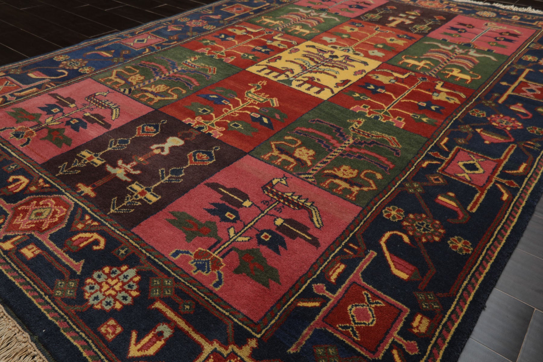 6x8 Green, Pink, Gold Color Hand Knotted Gabbeh Wool Pictorial Oriental Rug