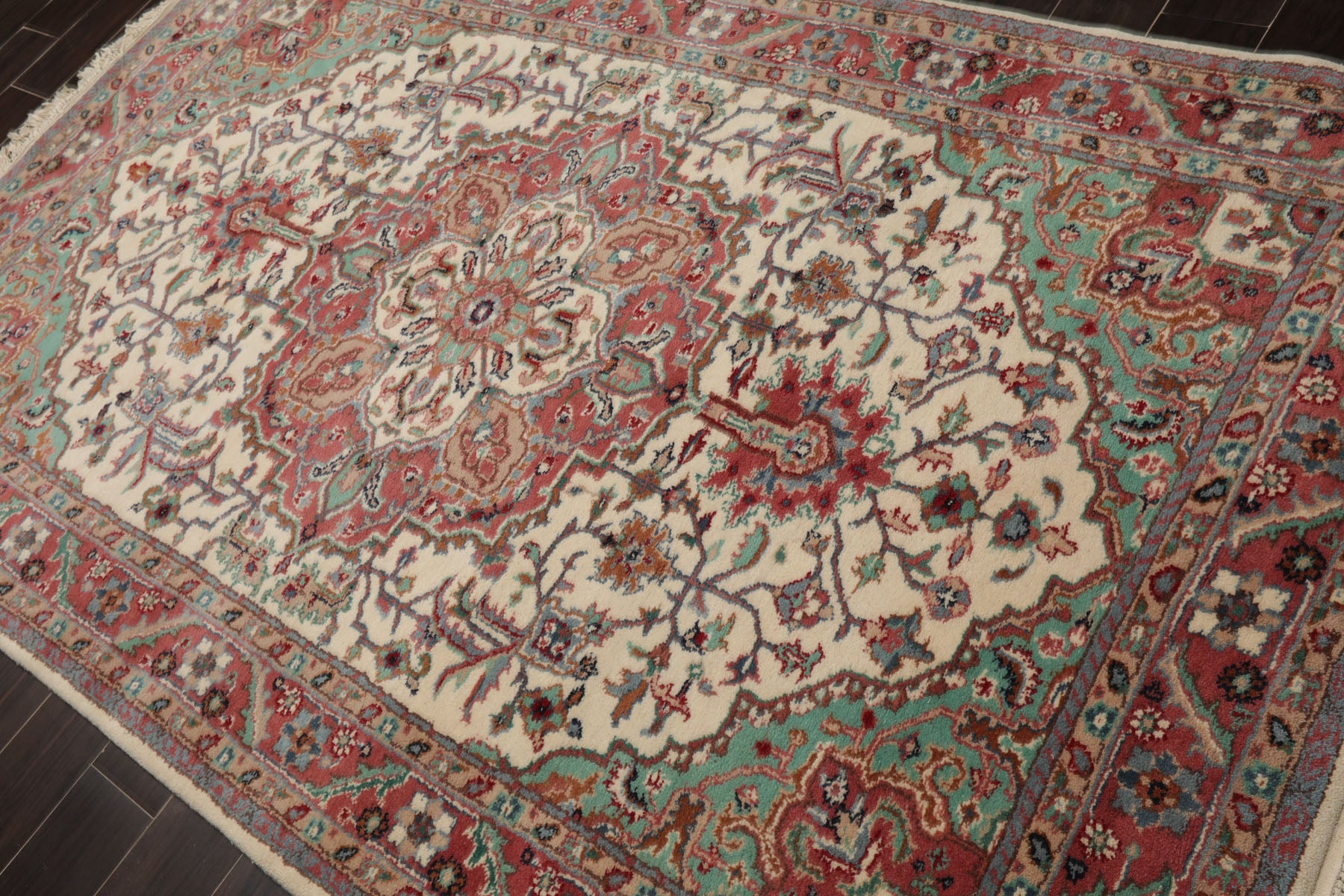 5x8 Ivory, Rose, Aqua Color Hand Knotted Tabriz Wool Traditional Oriental Rug