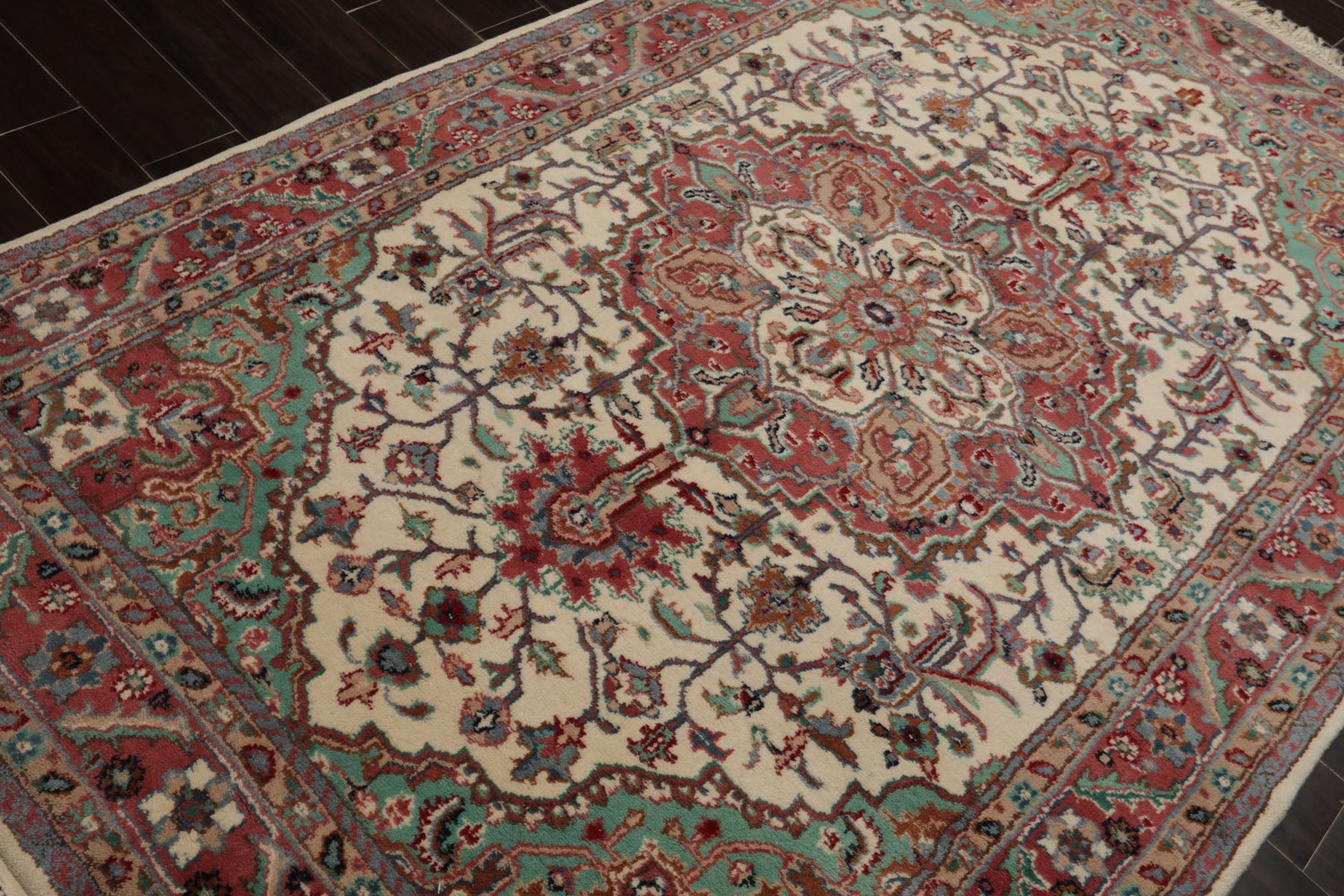 5x8 Ivory, Rose, Aqua Color Hand Knotted Tabriz Wool Traditional Oriental Rug