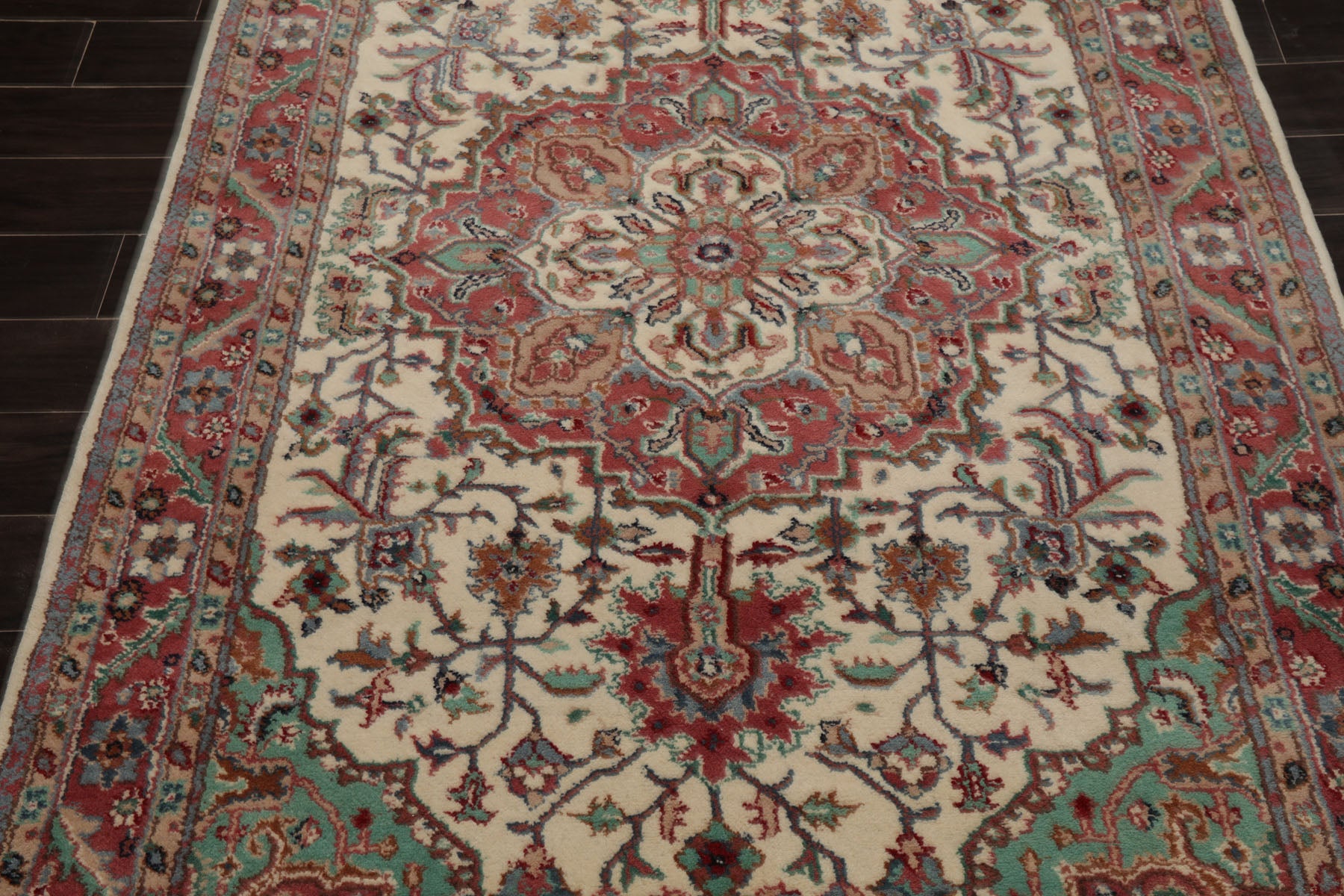 5x8 Ivory, Rose, Aqua Color Hand Knotted Tabriz Wool Traditional Oriental Rug