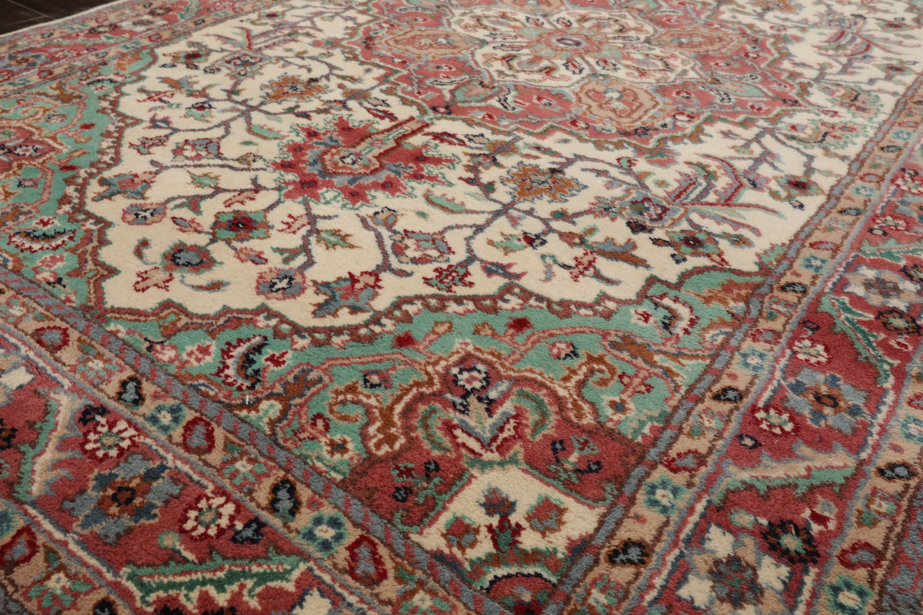 5x8 Ivory, Rose, Aqua Color Hand Knotted Tabriz Wool Traditional Oriental Rug