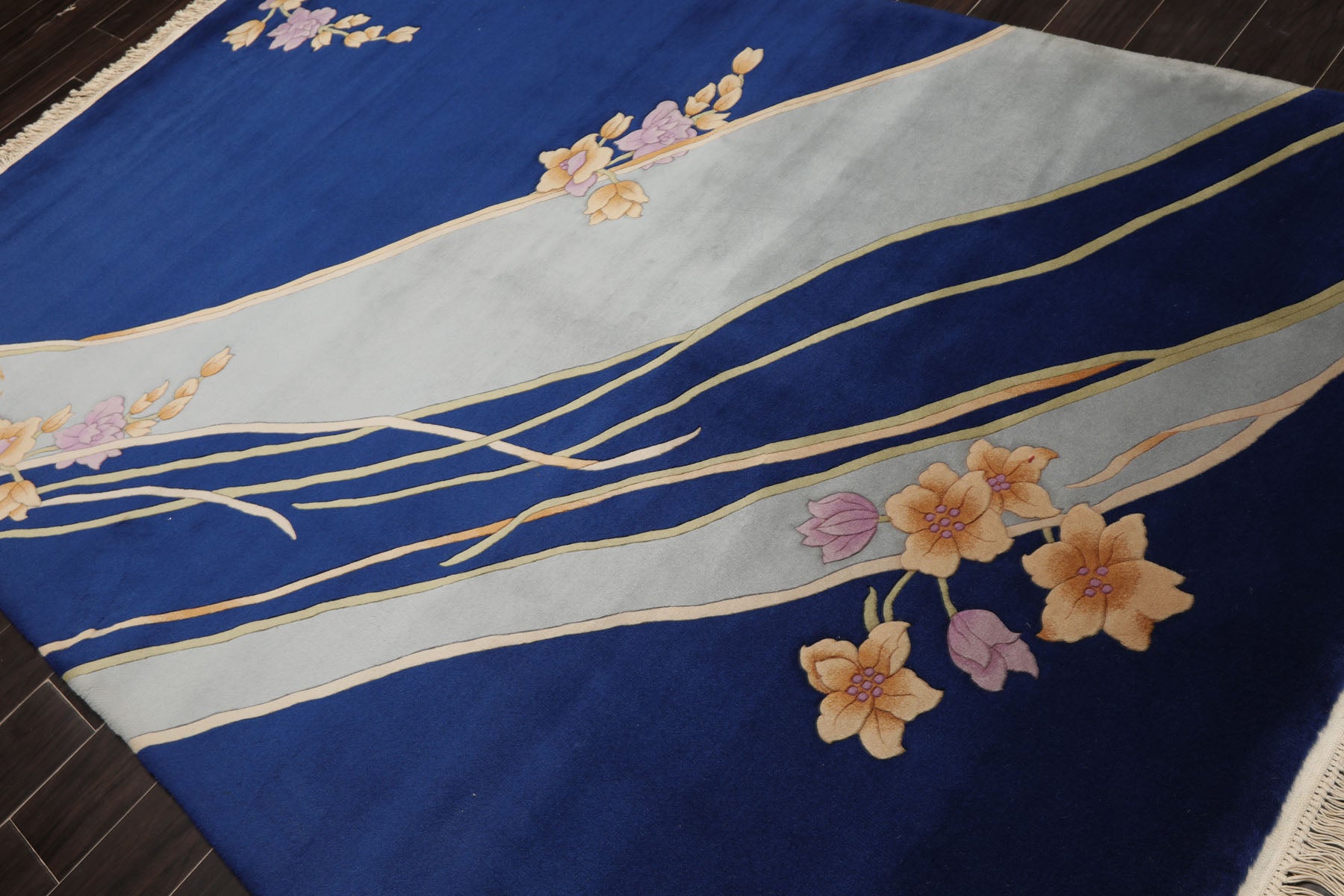 6x9 Navy, Mint, Lavender Color Hand Knotted Chinese Art Deco Wool Traditional Oriental Rug