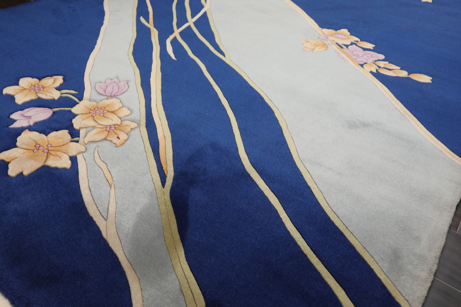 6x9 Navy, Mint, Lavender Color Hand Knotted Chinese Art Deco Wool Traditional Oriental Rug