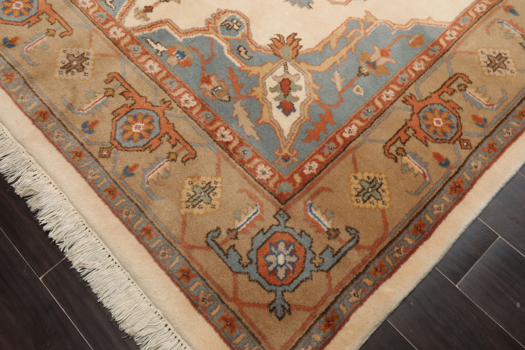 6x9 Ivory, Tan, Blue Color Hand Knotted Heriz New Zealand Wool Traditional Oriental Rug