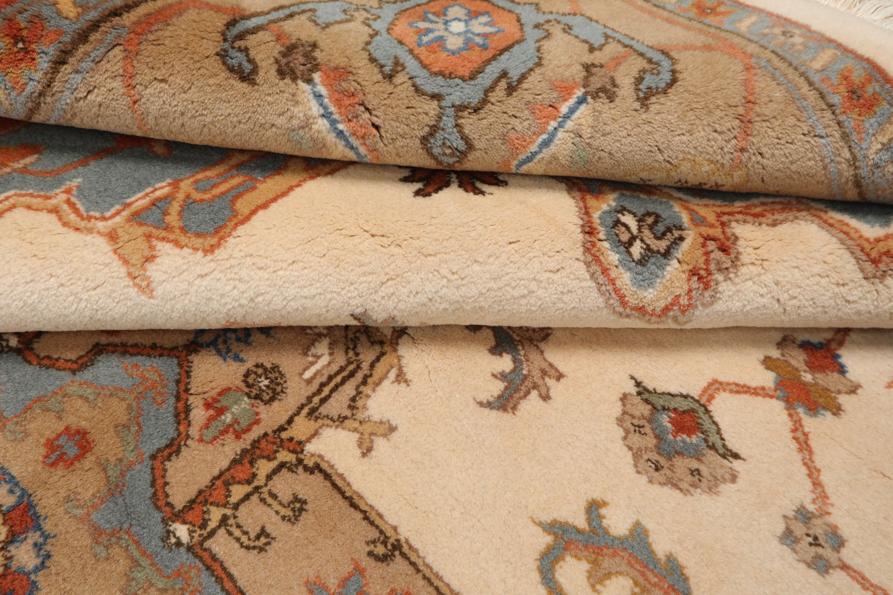 6x9 Ivory, Tan, Blue Color Hand Knotted Heriz New Zealand Wool Traditional Oriental Rug