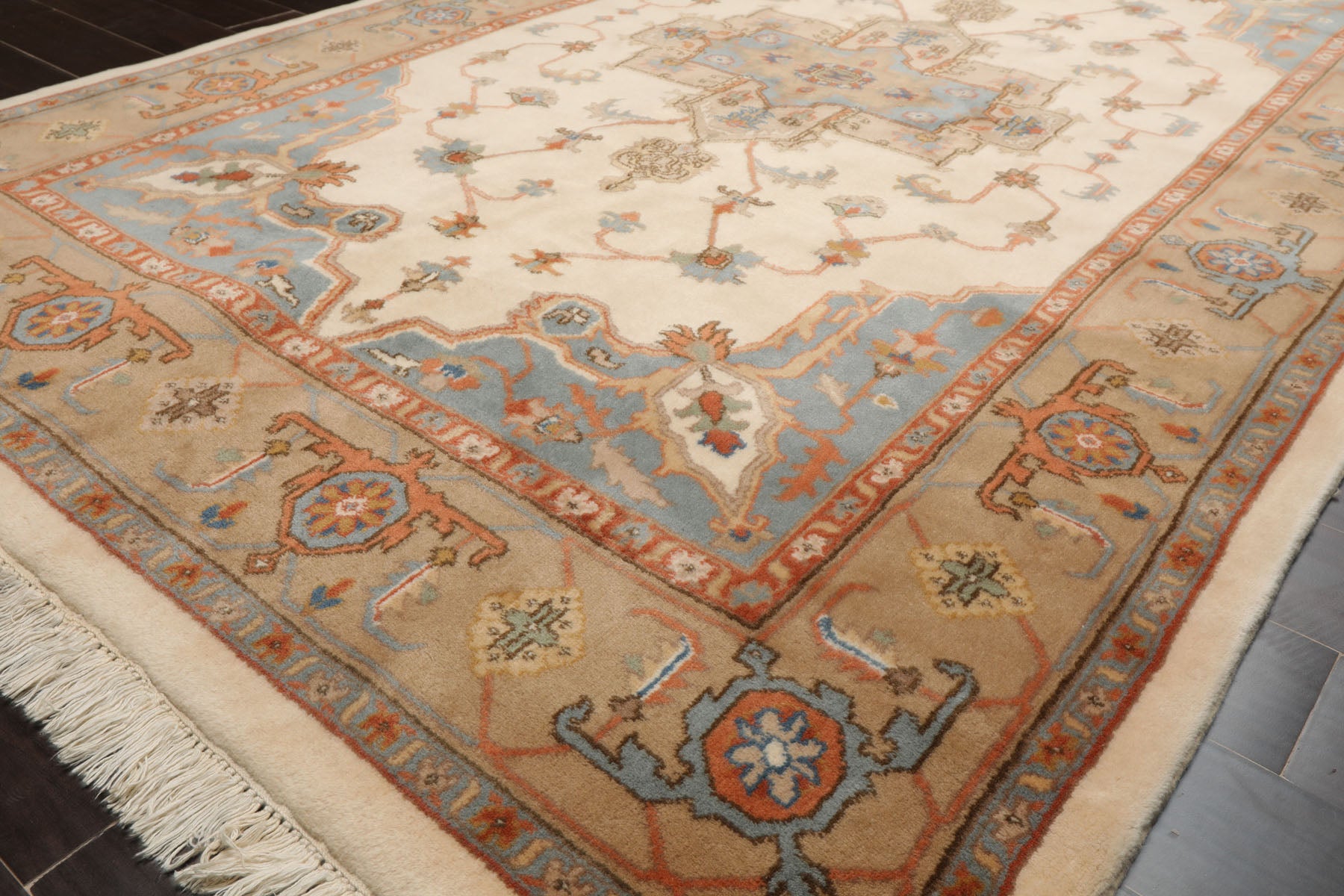 6x9 Ivory, Tan, Blue Color Hand Knotted Heriz New Zealand Wool Traditional Oriental Rug