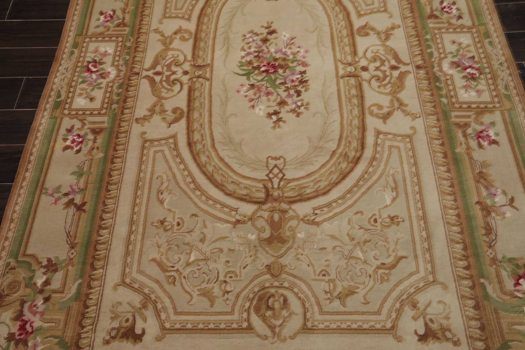 5x8 Beige, Tan, Green Color Hand Woven Aubusson Savonnerie Wool Traditional Oriental Rug