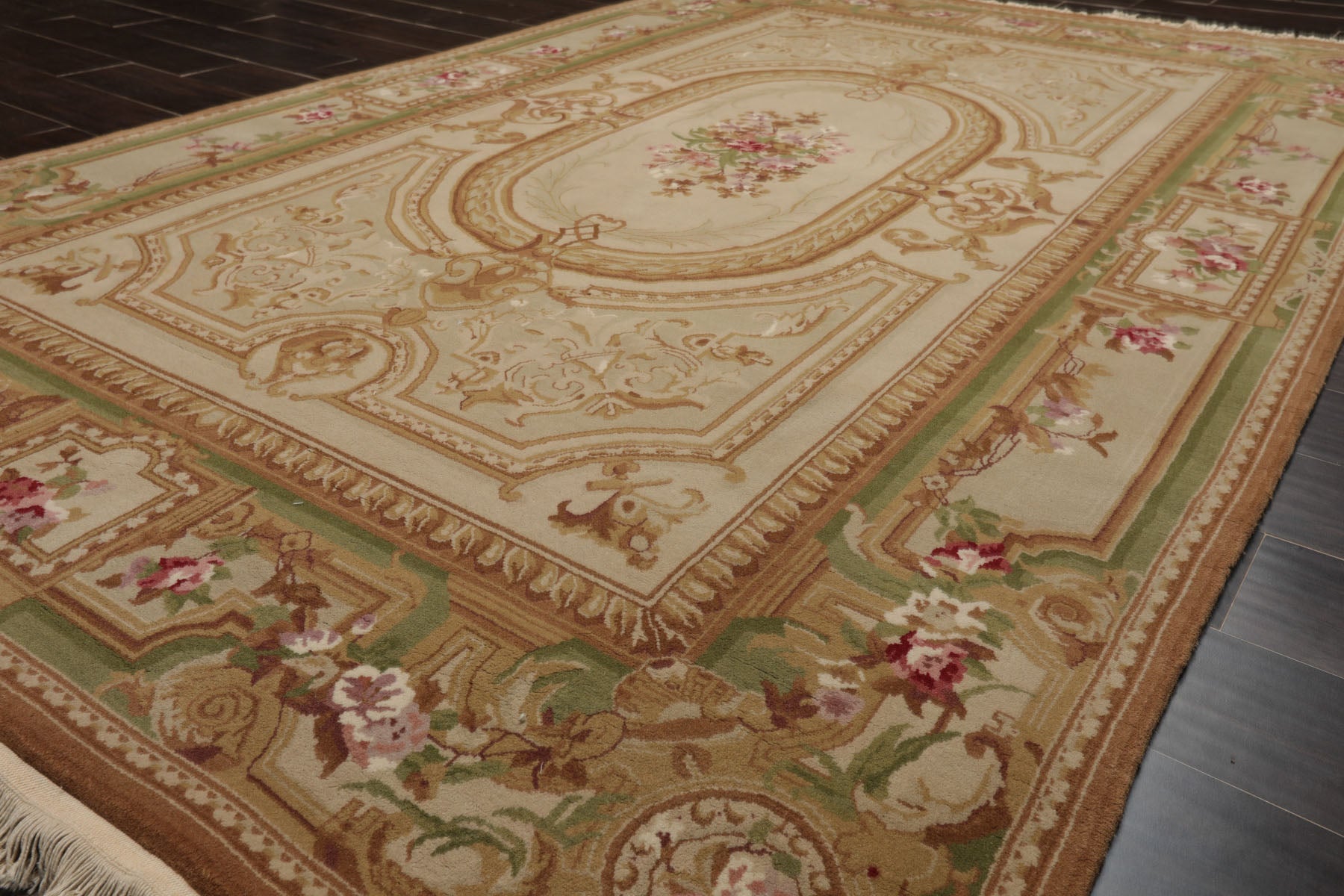 5x8 Beige, Tan, Green Color Hand Woven Aubusson Savonnerie Wool Traditional Oriental Rug