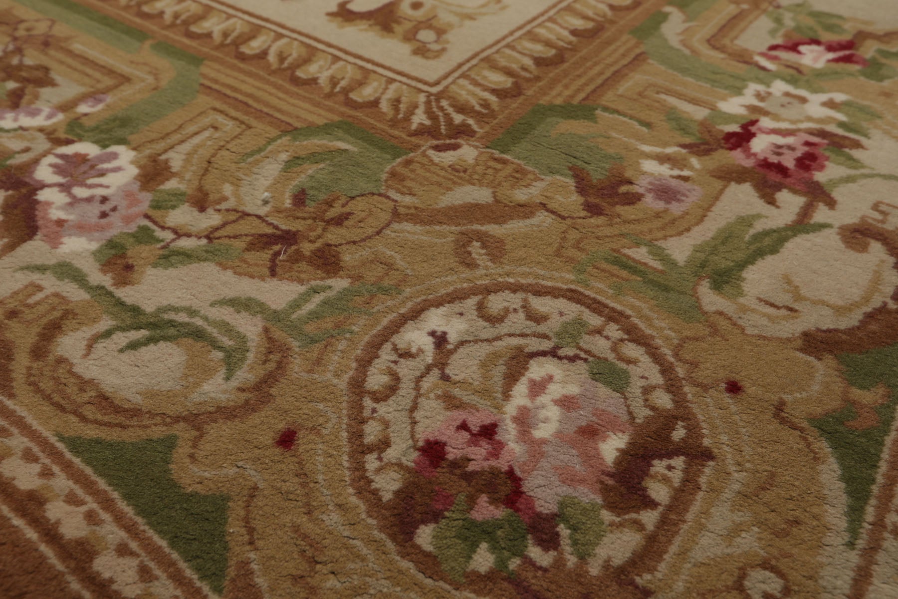 5x8 Beige, Tan, Green Color Hand Woven Aubusson Savonnerie Wool Traditional Oriental Rug