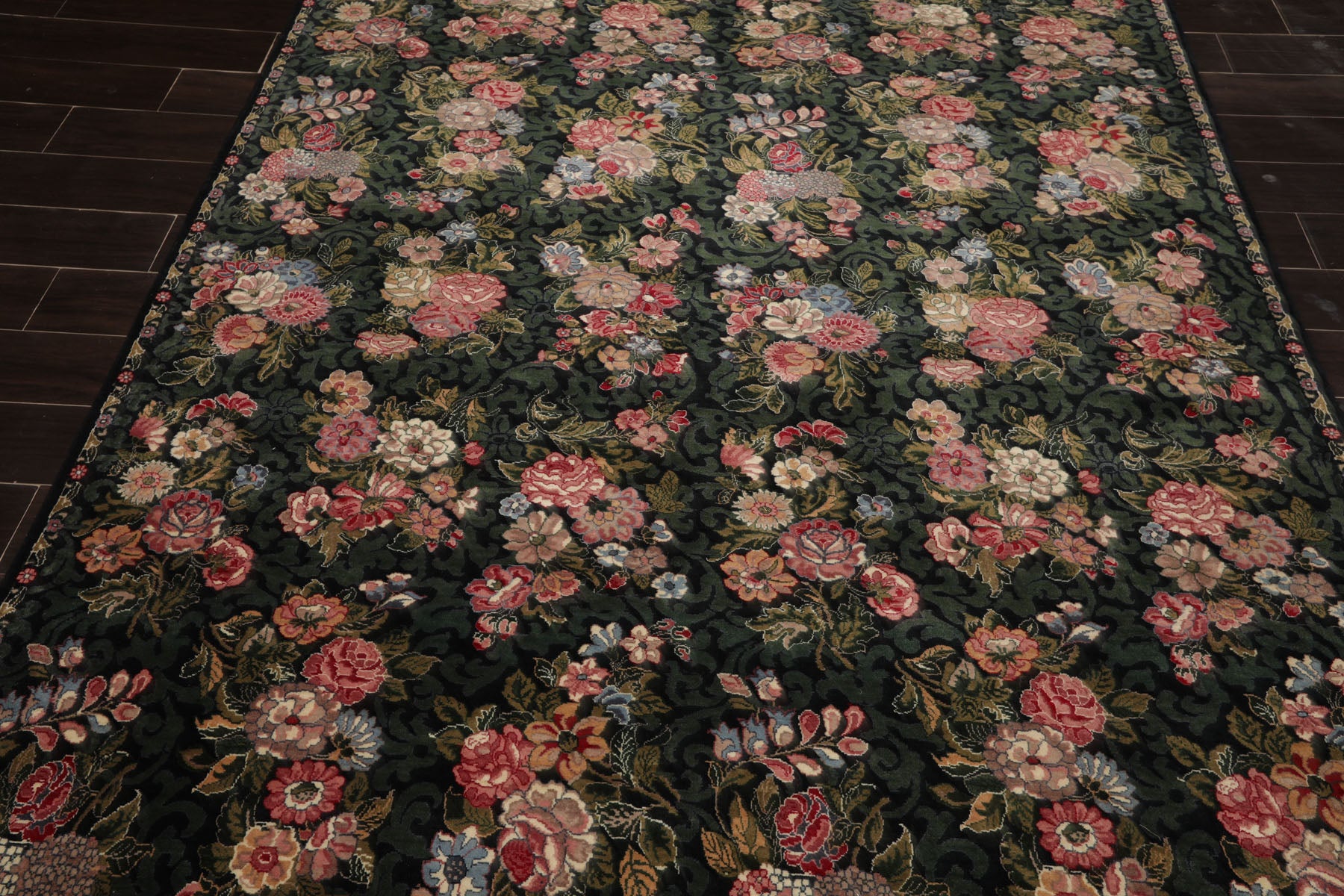 6x9 Black, Green, Ivory Color Hand Knotted Aubusson Savonnerie Wool Traditional Oriental Rug