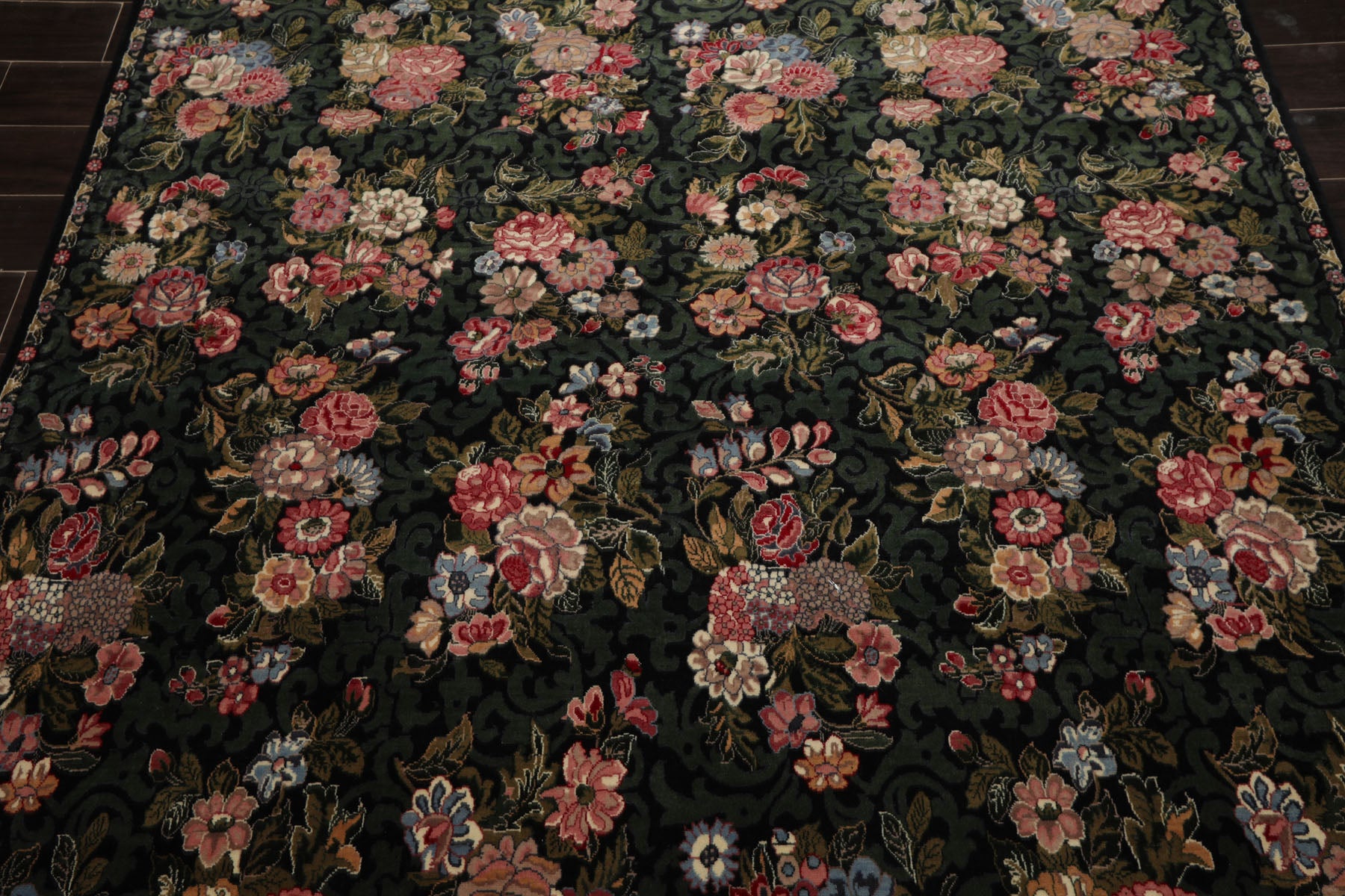 6x9 Black, Green, Ivory Color Hand Knotted Aubusson Savonnerie Wool Traditional Oriental Rug