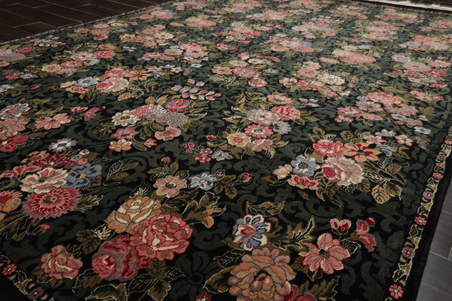 6x9 Black, Green, Ivory Color Hand Knotted Aubusson Savonnerie Wool Traditional Oriental Rug