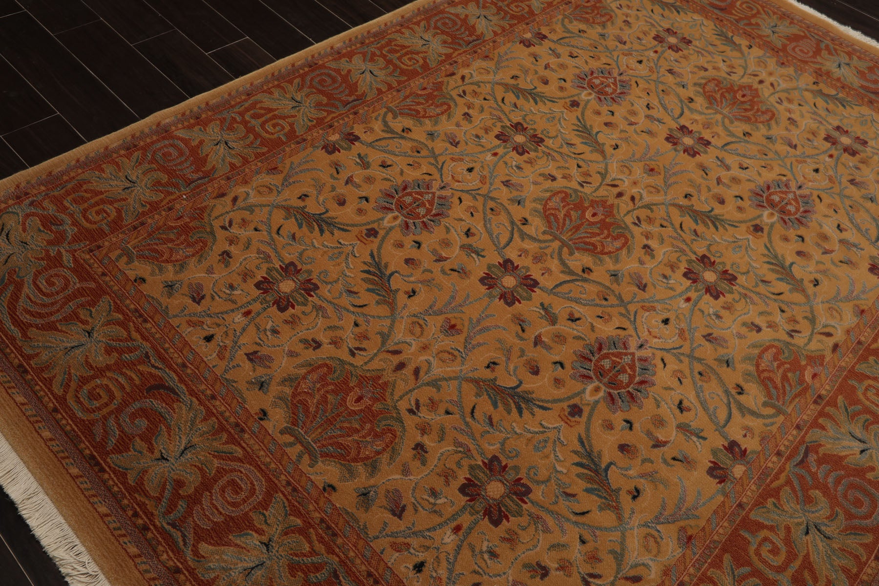 6x9 Gold, Burnt Orange, Green Color Machine Made French Aubusson Savonnerie New Zealand Wool Transitional Oriental Rug