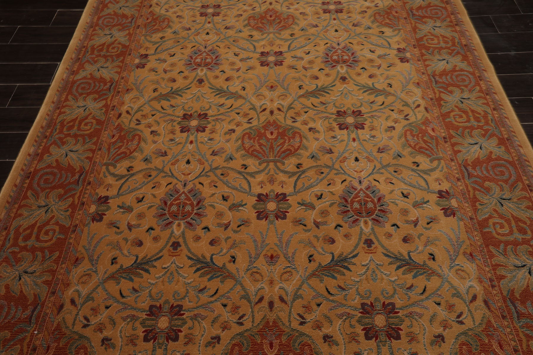 6x9 Gold, Burnt Orange, Green Color Machine Made French Aubusson Savonnerie New Zealand Wool Transitional Oriental Rug