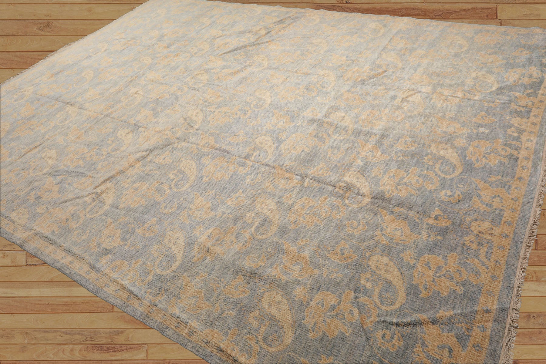 Hand-Knotted 9x12 Tibetan Wool Rug – Antique Traditional Oriental Area Rug in Light Blue and Beige