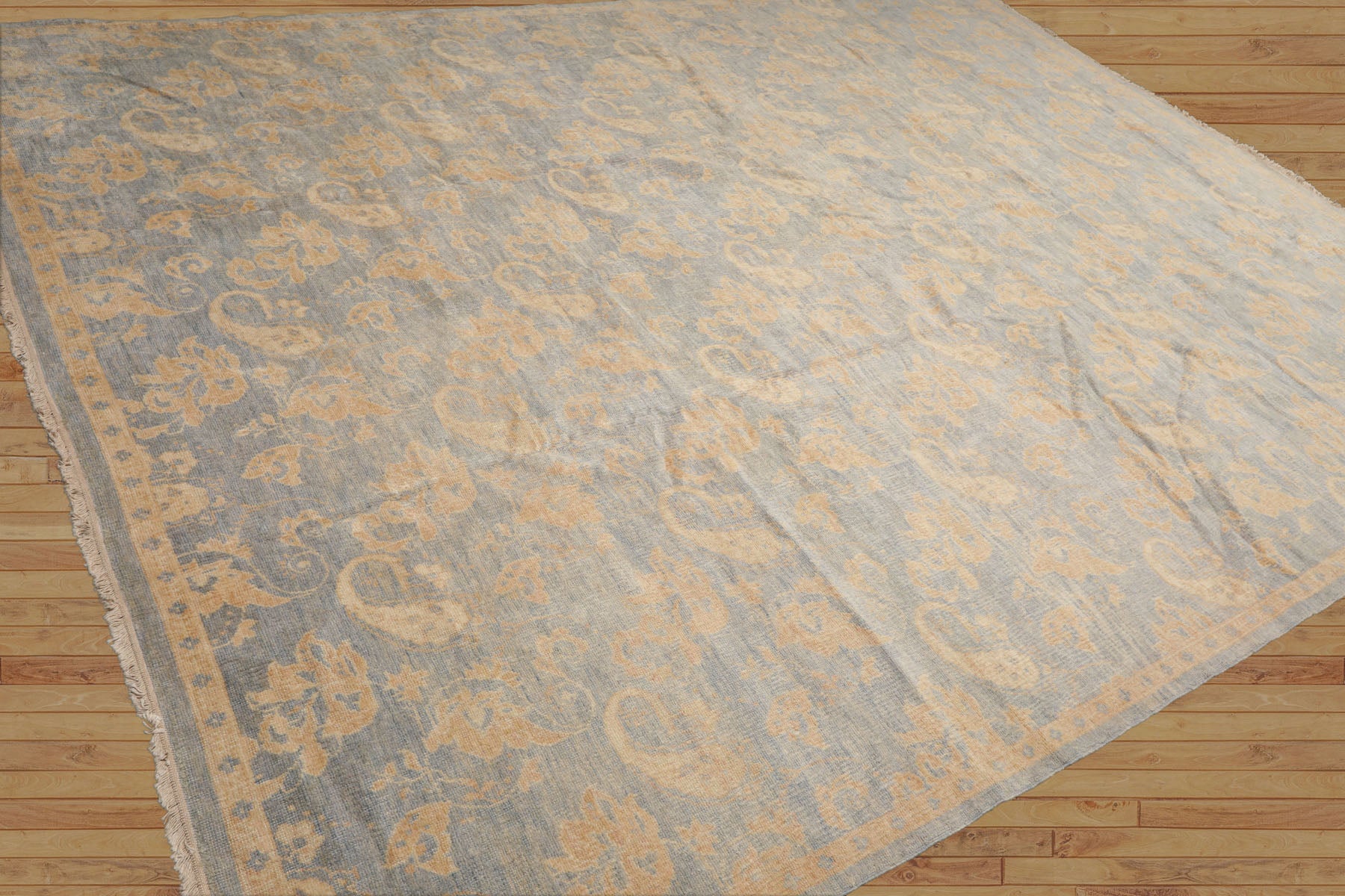 Hand-Knotted 9x12 Tibetan Wool Rug – Antique Traditional Oriental Area Rug in Light Blue and Beige