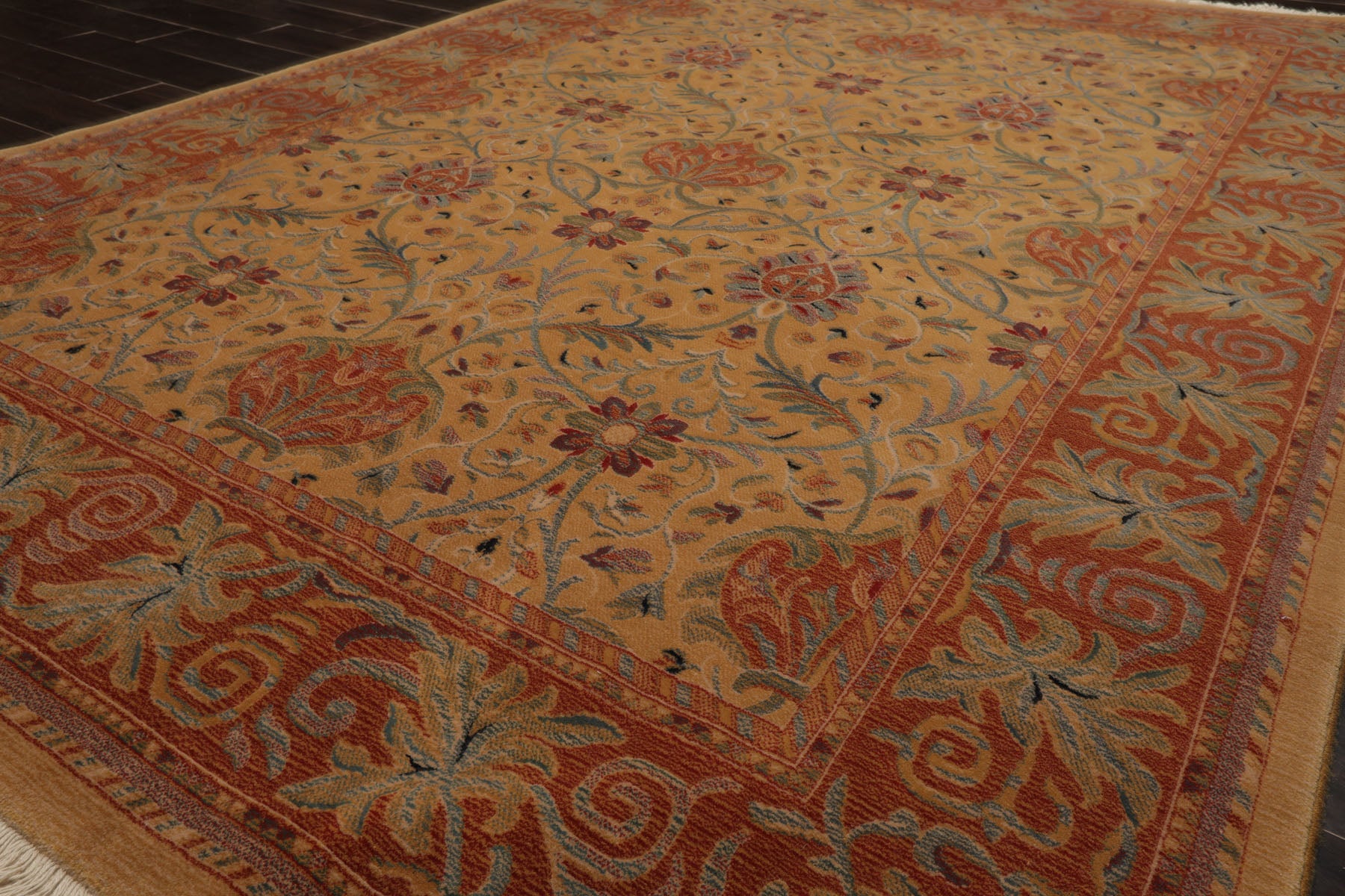 6x9 Gold, Burnt Orange, Green Color Machine Made French Aubusson Savonnerie New Zealand Wool Transitional Oriental Rug