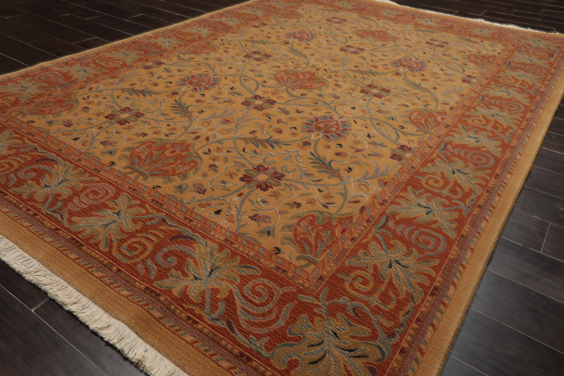 6x9 Gold, Burnt Orange, Green Color Machine Made French Aubusson Savonnerie New Zealand Wool Transitional Oriental Rug