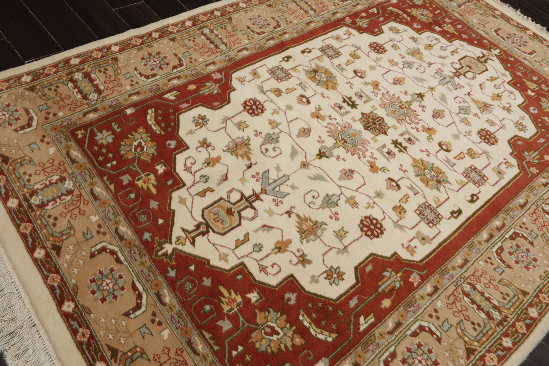 6x8 Ivory, Burnt Orange, Tan Color Hand Knotted Heriz Wool Traditional Oriental Rug