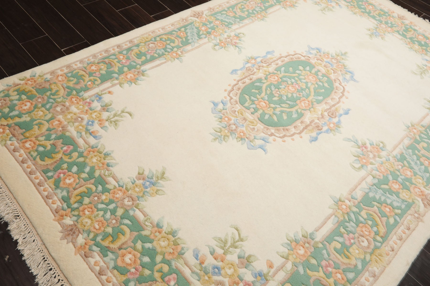 6x9 Ivory, Aqua, Peach Color Hand Knotted Aubusson Savonnerie Wool Traditional Oriental Rug