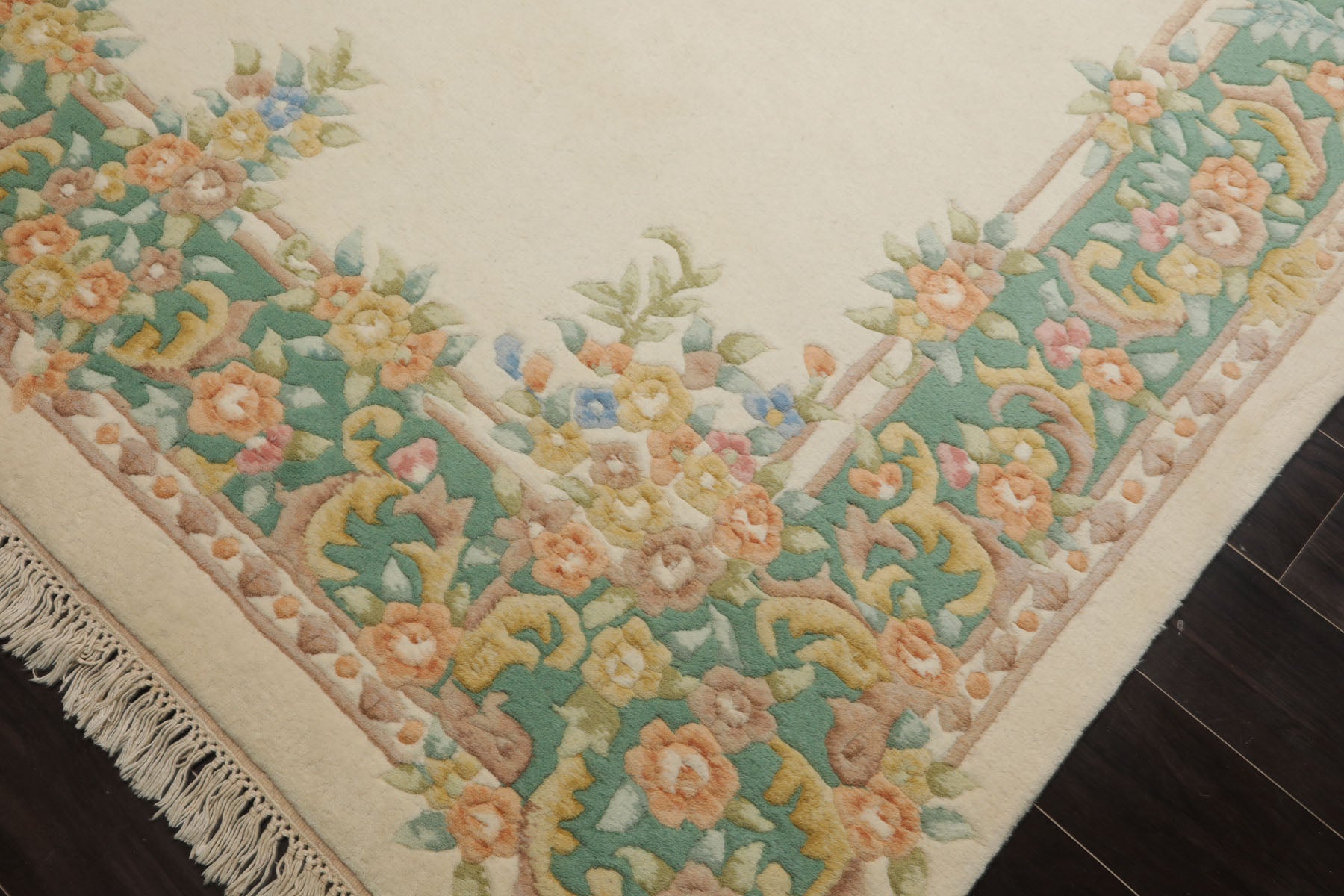 6x9 Ivory, Aqua, Peach Color Hand Knotted Aubusson Savonnerie Wool Traditional Oriental Rug