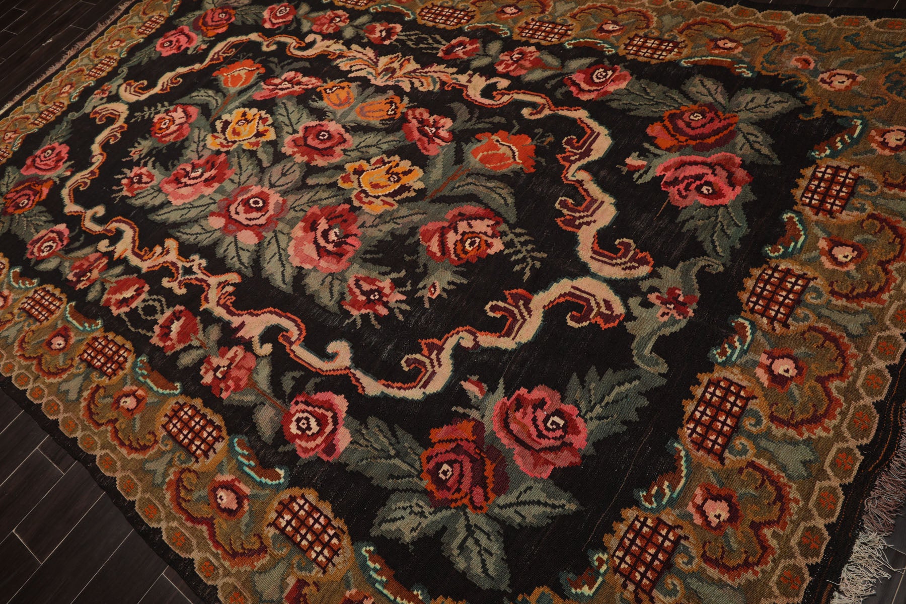 6x11 Charcoal, Mustard, Turquoise Color Hand Woven Caucasian Kilim Wool Botanical Oriental Rug