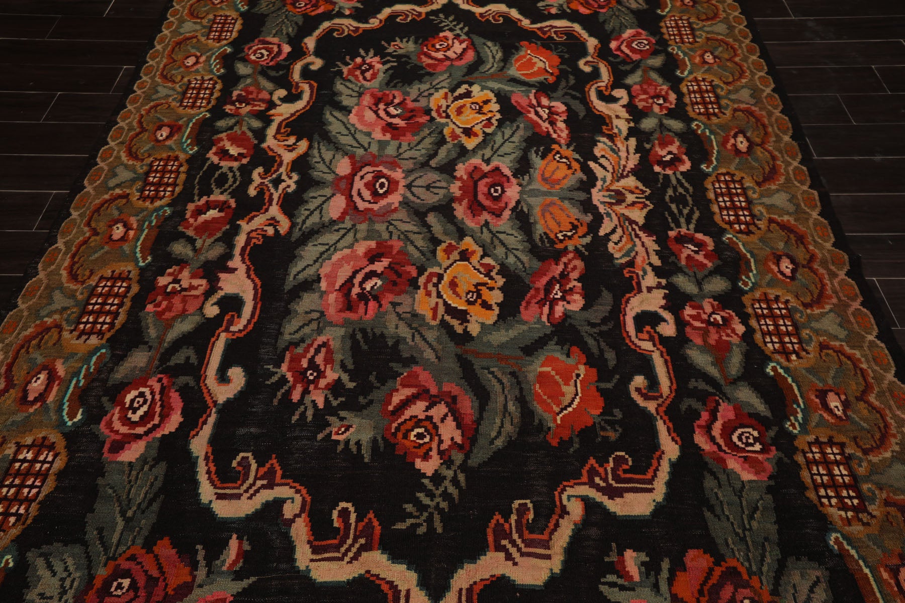 6x11 Charcoal, Mustard, Turquoise Color Hand Woven Caucasian Kilim Wool Botanical Oriental Rug