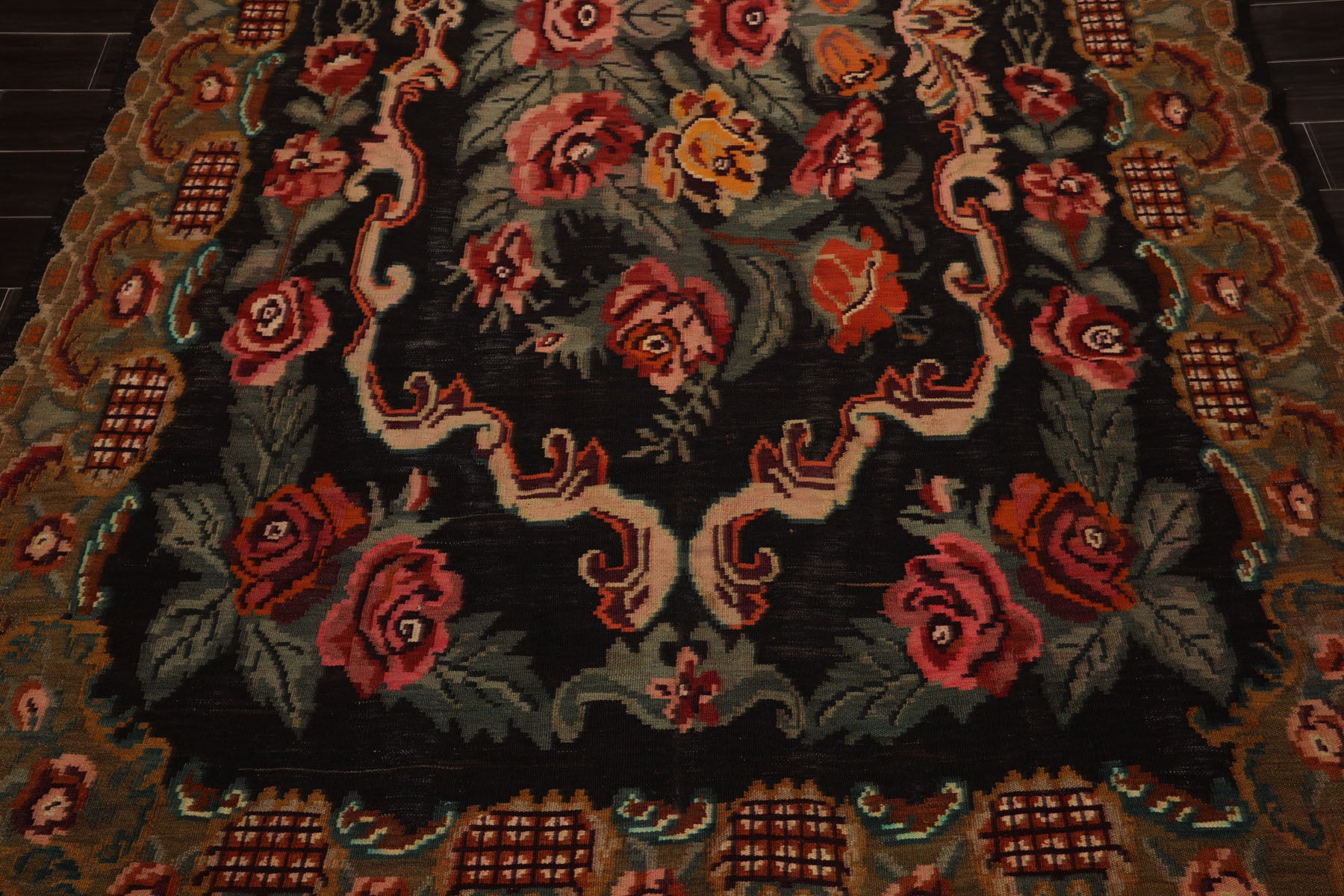 6x11 Charcoal, Mustard, Turquoise Color Hand Woven Caucasian Kilim Wool Botanical Oriental Rug