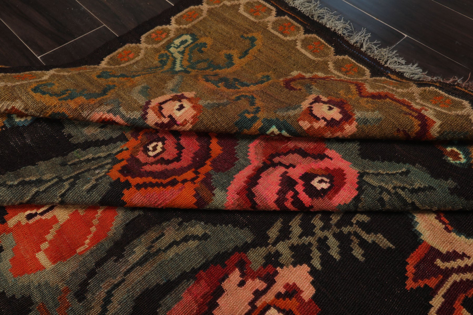 6x11 Charcoal, Mustard, Turquoise Color Hand Woven Caucasian Kilim Wool Botanical Oriental Rug