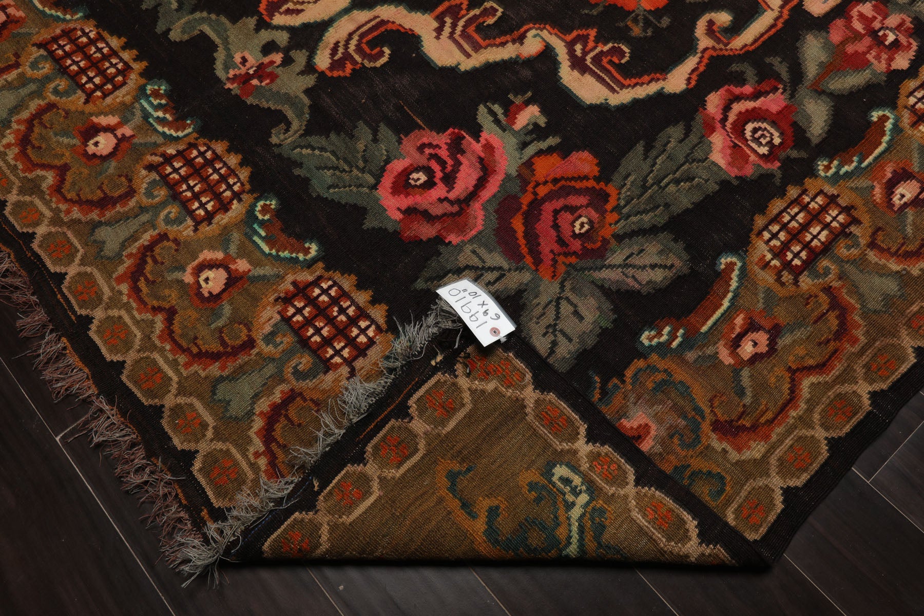 6x11 Charcoal, Mustard, Turquoise Color Hand Woven Caucasian Kilim Wool Botanical Oriental Rug