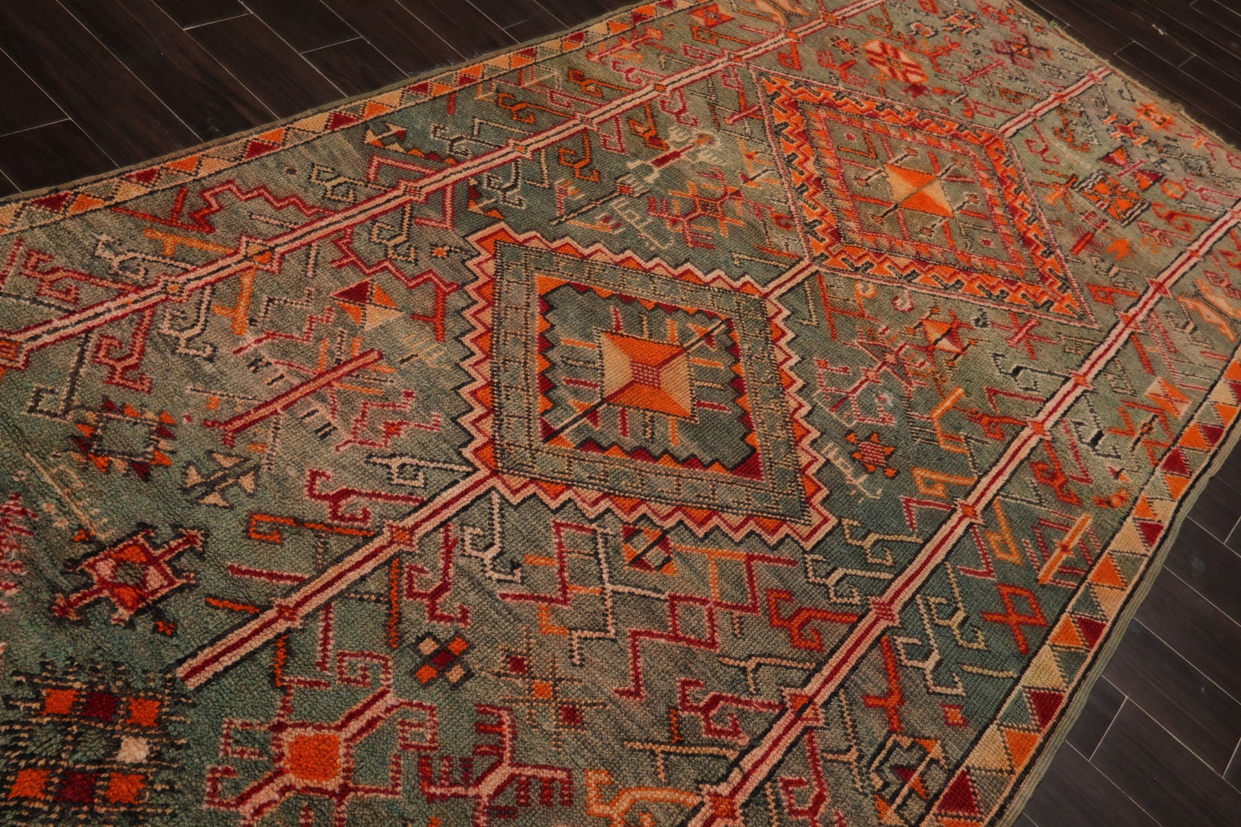 5x10 Celadon, Orange, Red Color Hand Knotted Antique Moroccan Wool Arts & Crafts Oriental Rug