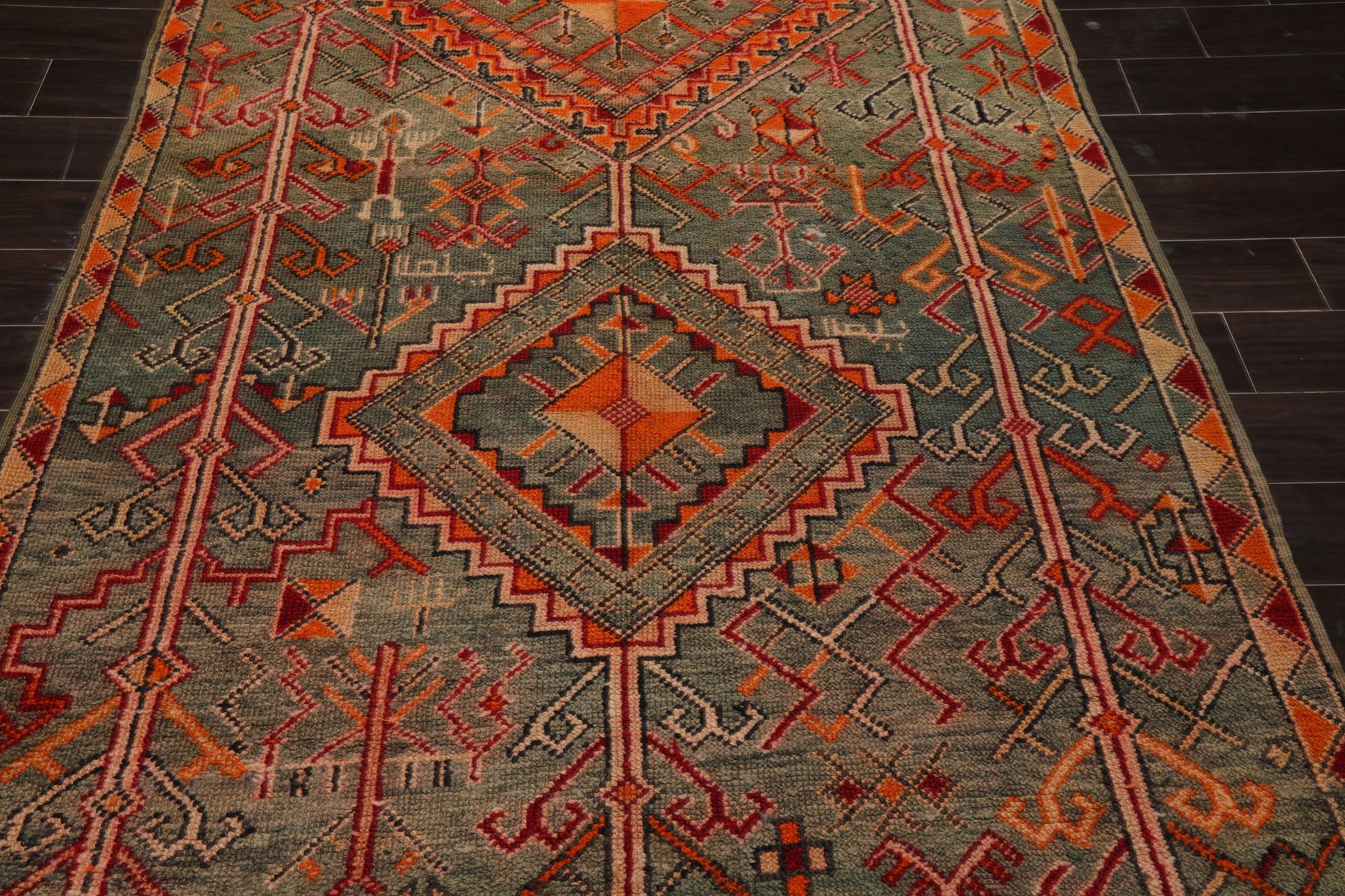 5x10 Celadon, Orange, Red Color Hand Knotted Antique Moroccan Wool Arts & Crafts Oriental Rug