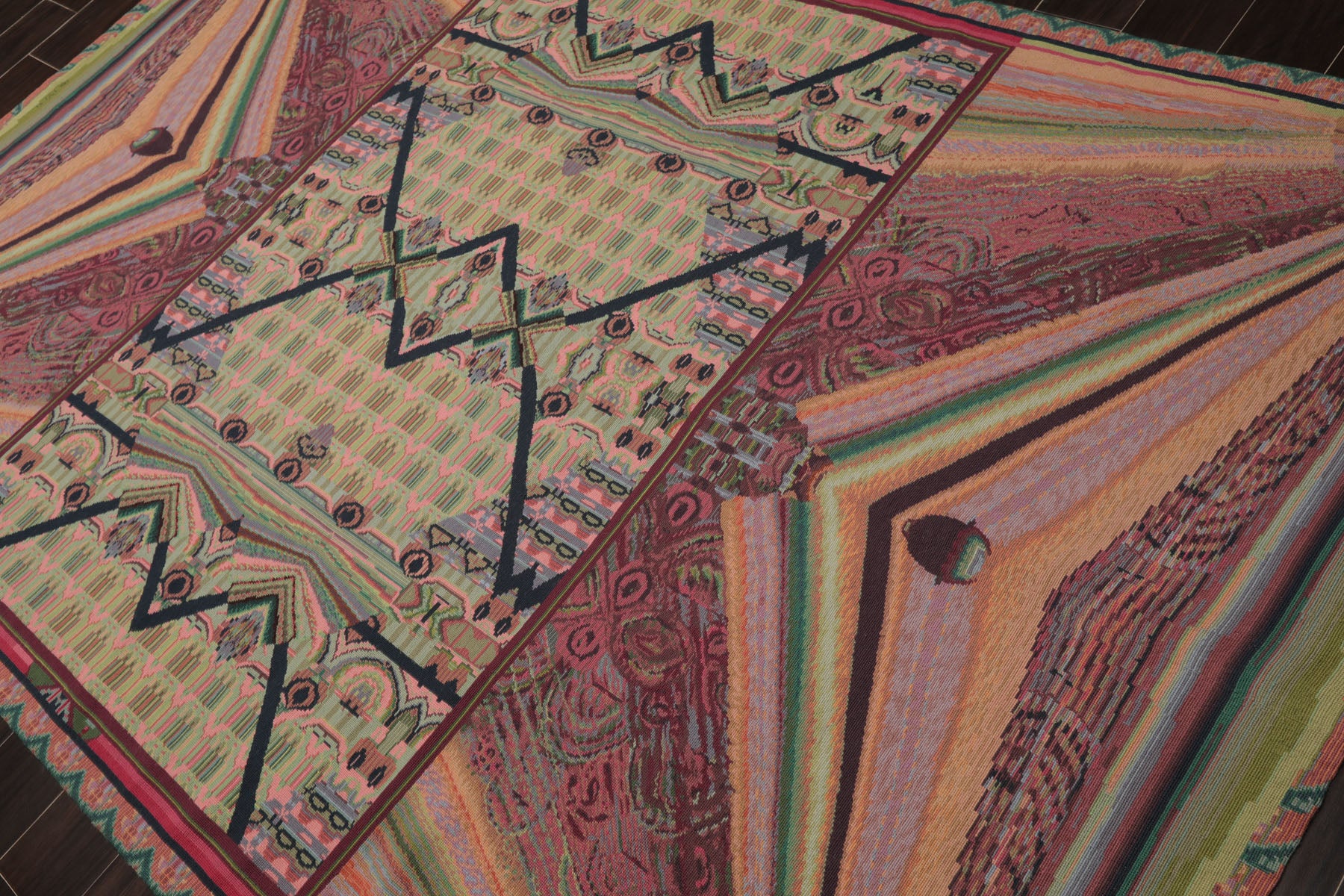 6x9 Lime, Pink, Teal Color Hand Woven French Needlepoint Wool Art Deco Oriental Rug