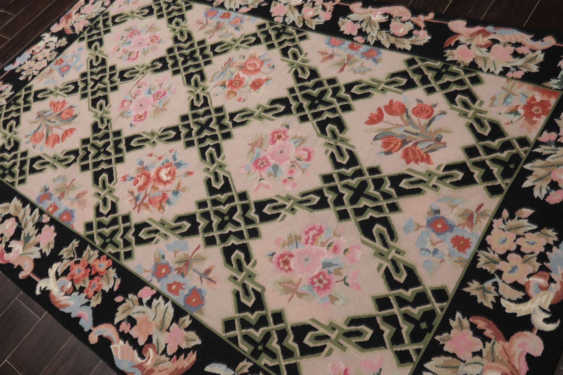 5x8 Blush, Black, Aqua Color Hand Woven French Needlepoint Wool Traditional Oriental Rug